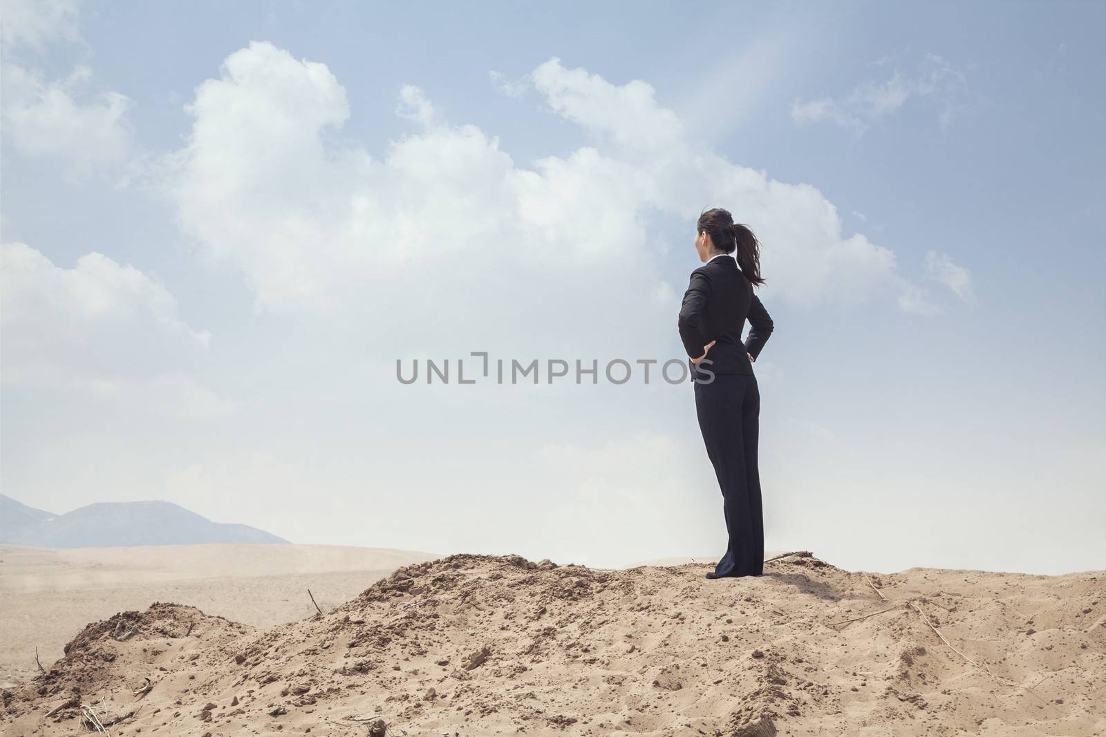 Young businesswoman standing with hands on hips looking out over the desert by XiXinXing