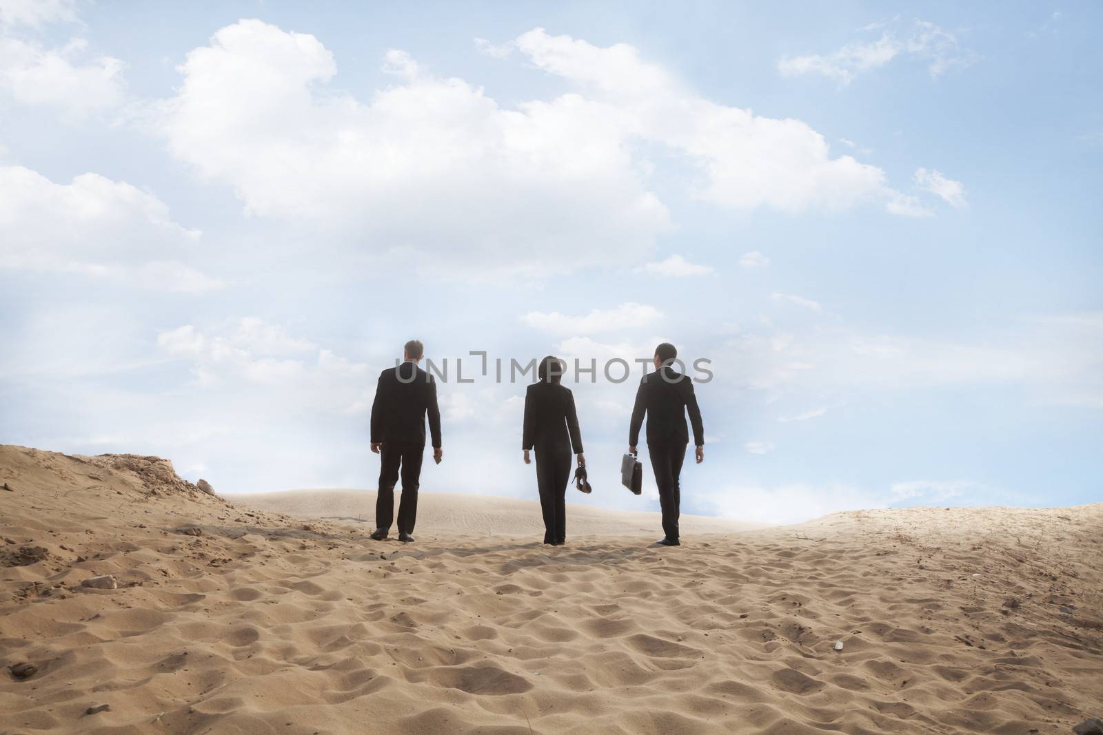 Three young business people walking through the desert, rear view, distant