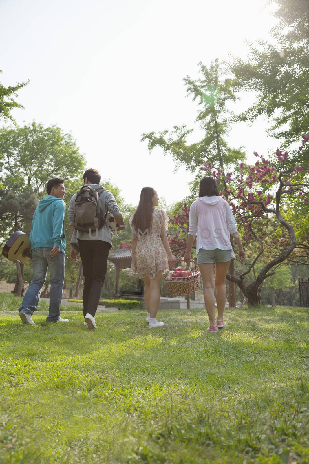 Four friends walking into a park to have a picnic on a spring day, carrying a picnic basket and a soccer ball by XiXinXing