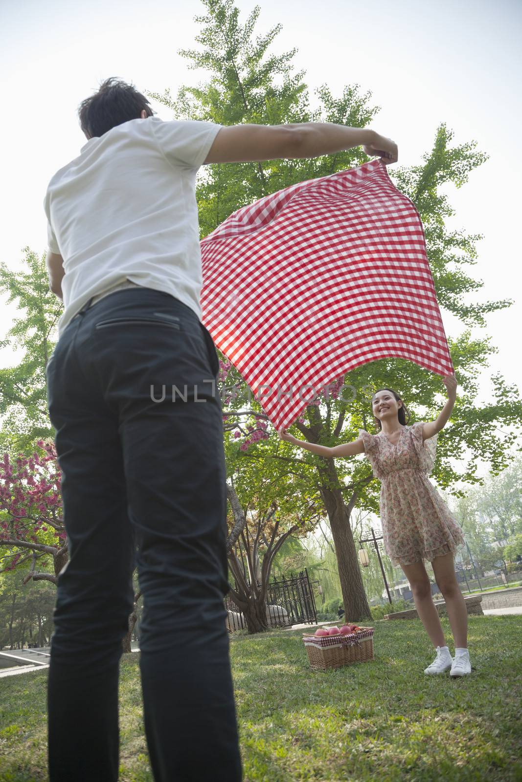 Two friends opening up a checkered blanket and getting ready to have a picnic in the park by XiXinXing