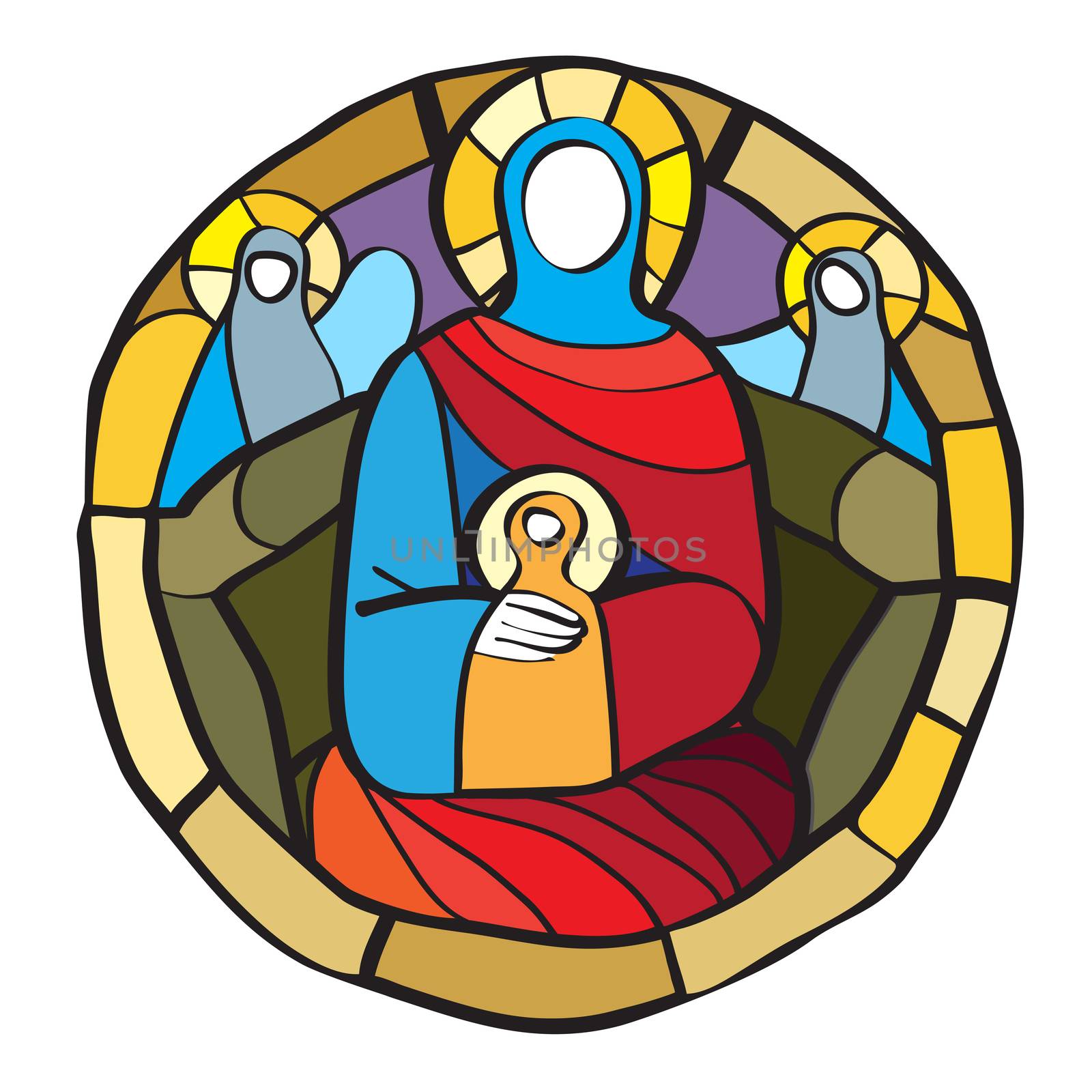 Stained glass primitive style illustration of the Virgin with child, blank faces colored project isolated on white