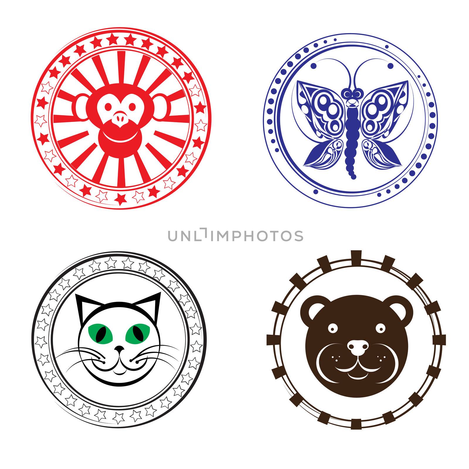 Baby animal head stamps collection, decorative seals isolated on white