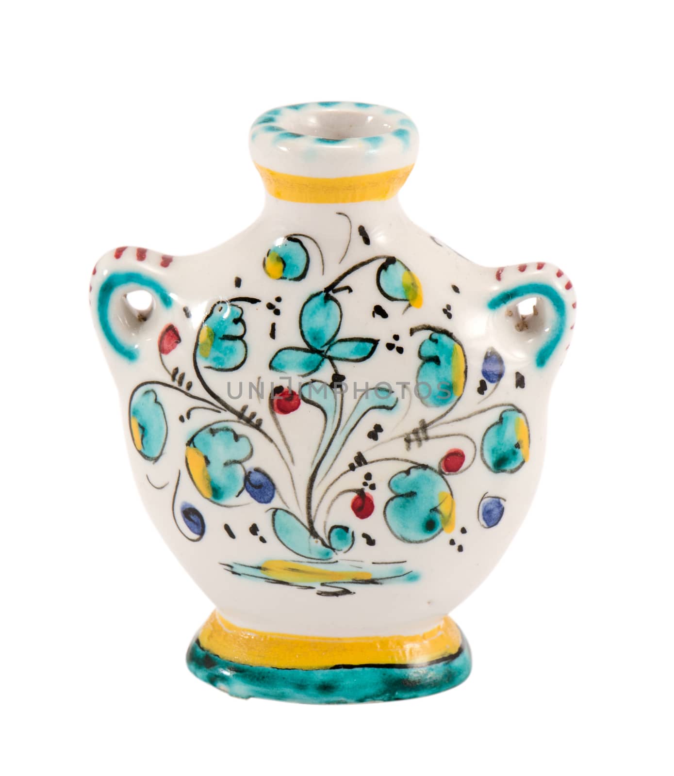 handmade ceramic flat vase with flower art paintings isolated on white background.