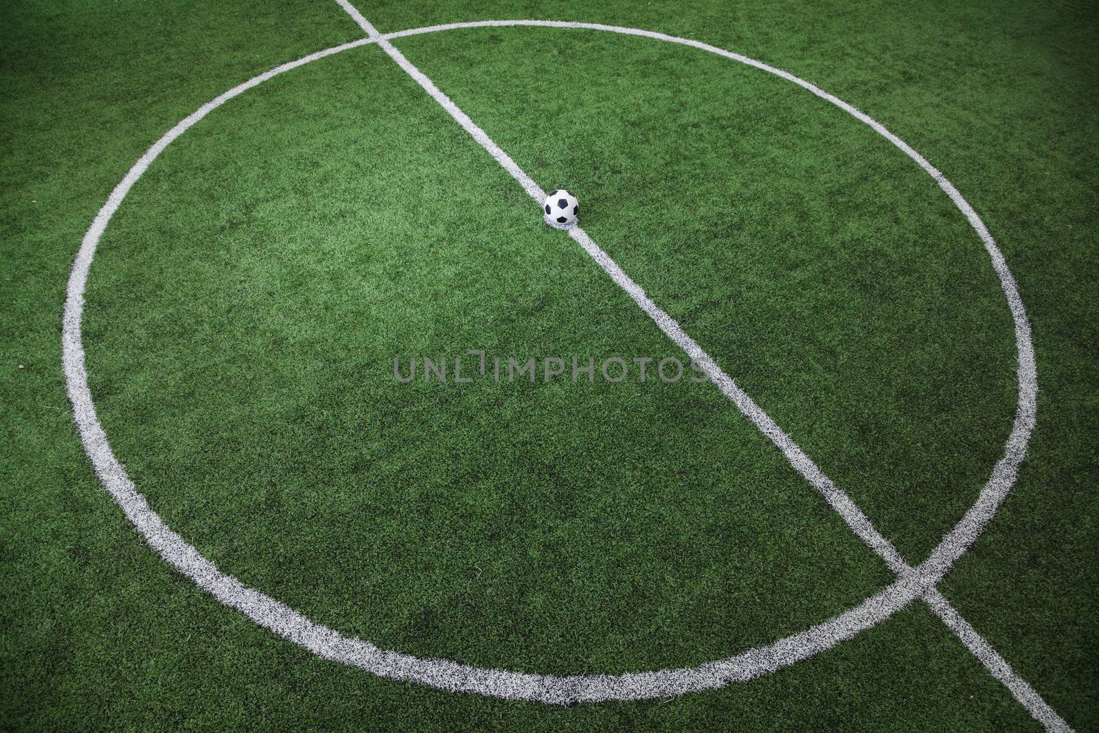 Soccer field with soccer ball on the line, high angle view