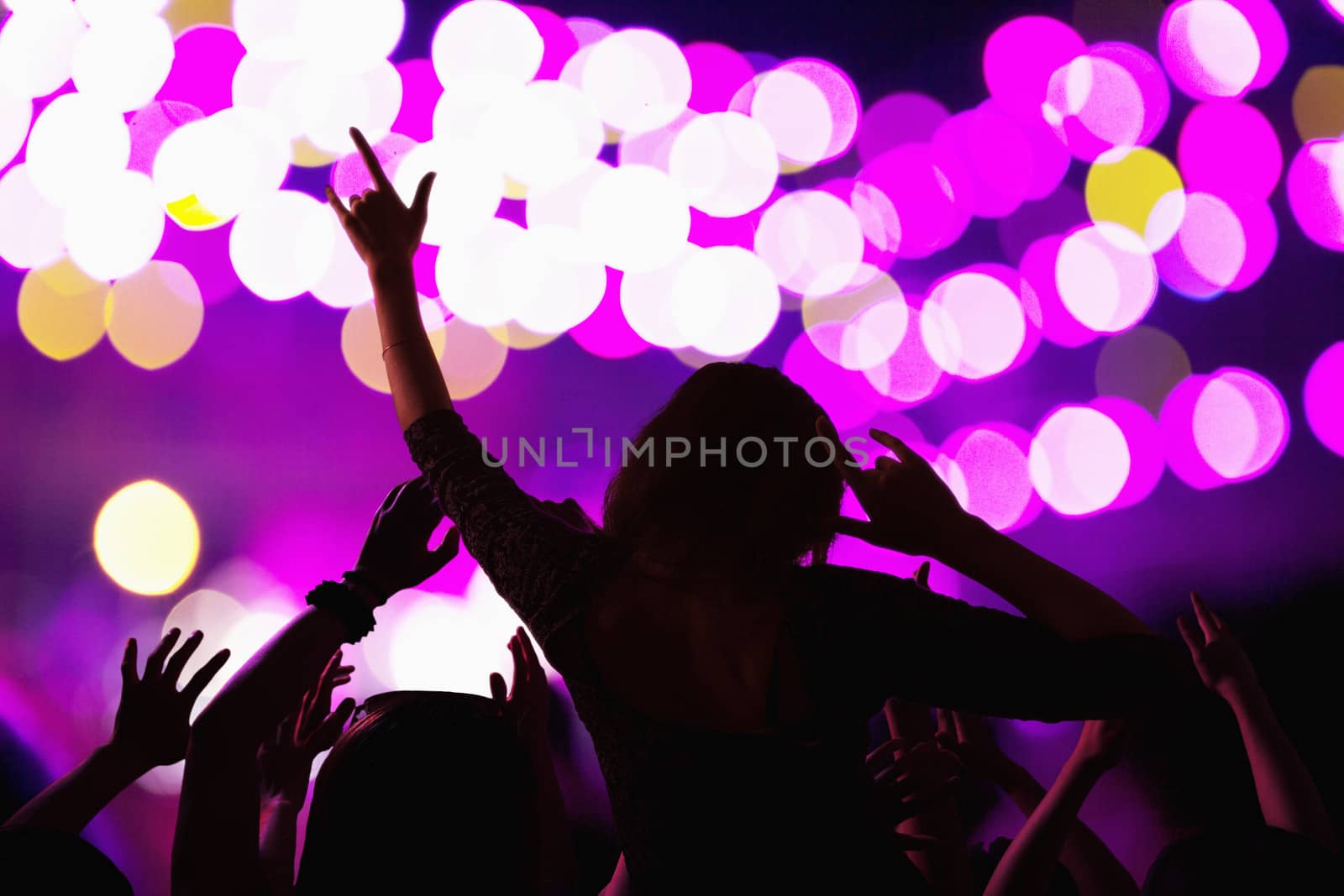 Audience watching a rock show, rear view, stage lights