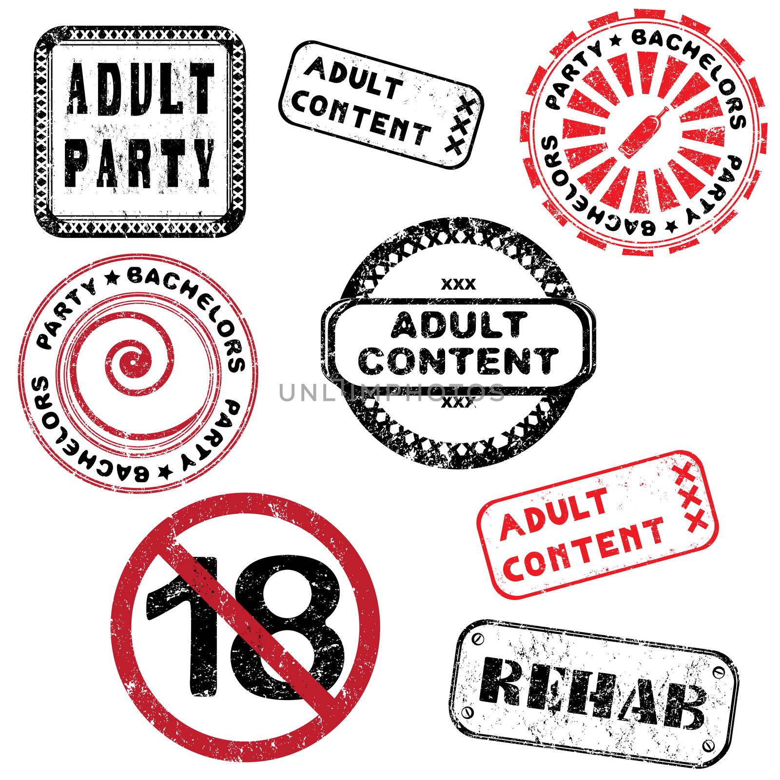 Adult content and bachelors party stamps collection isolated on white