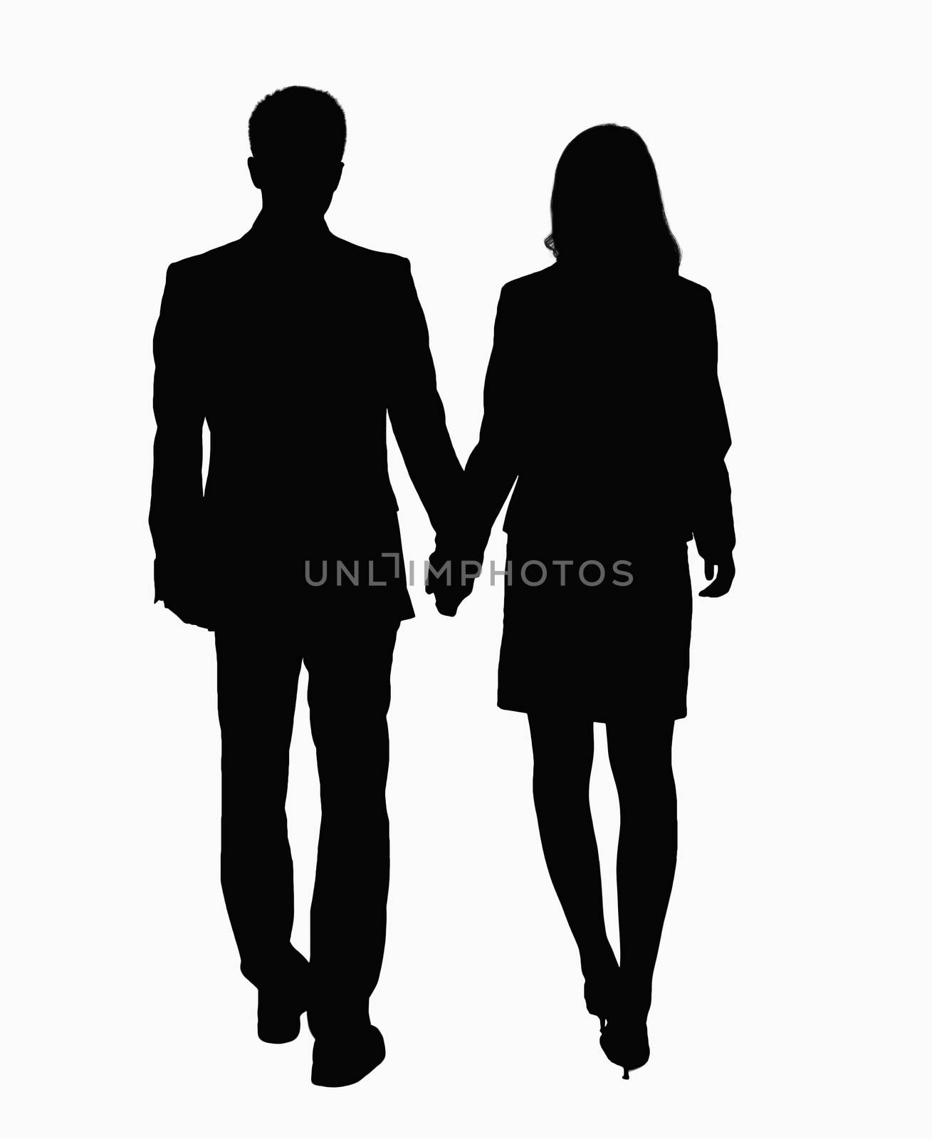 Silhouette of businessman and businesswoman holding hands. by XiXinXing
