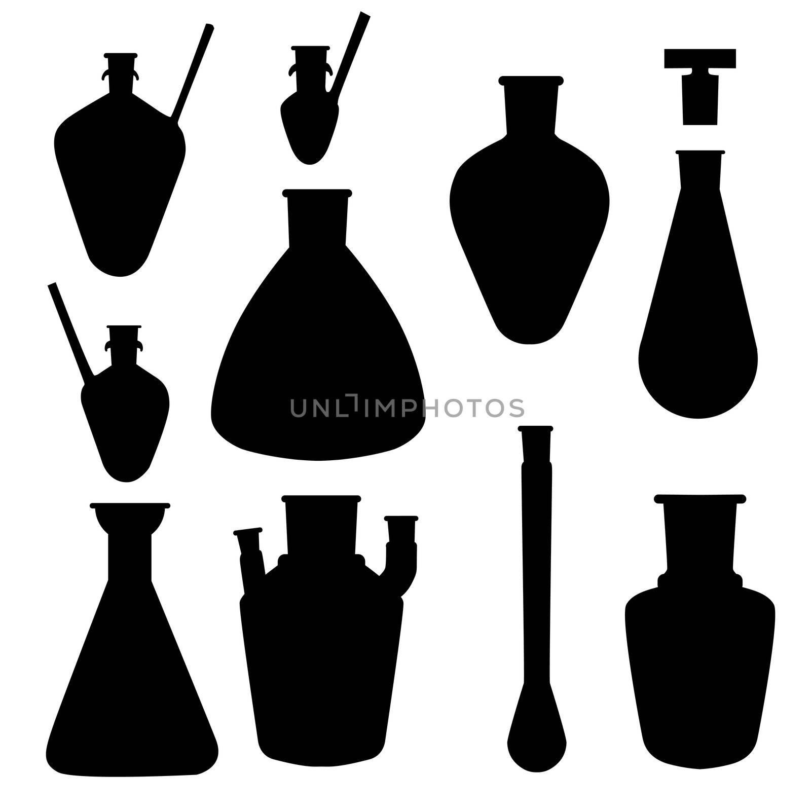 Chemistry lab glasses silhouettes, objects collection isolated on white