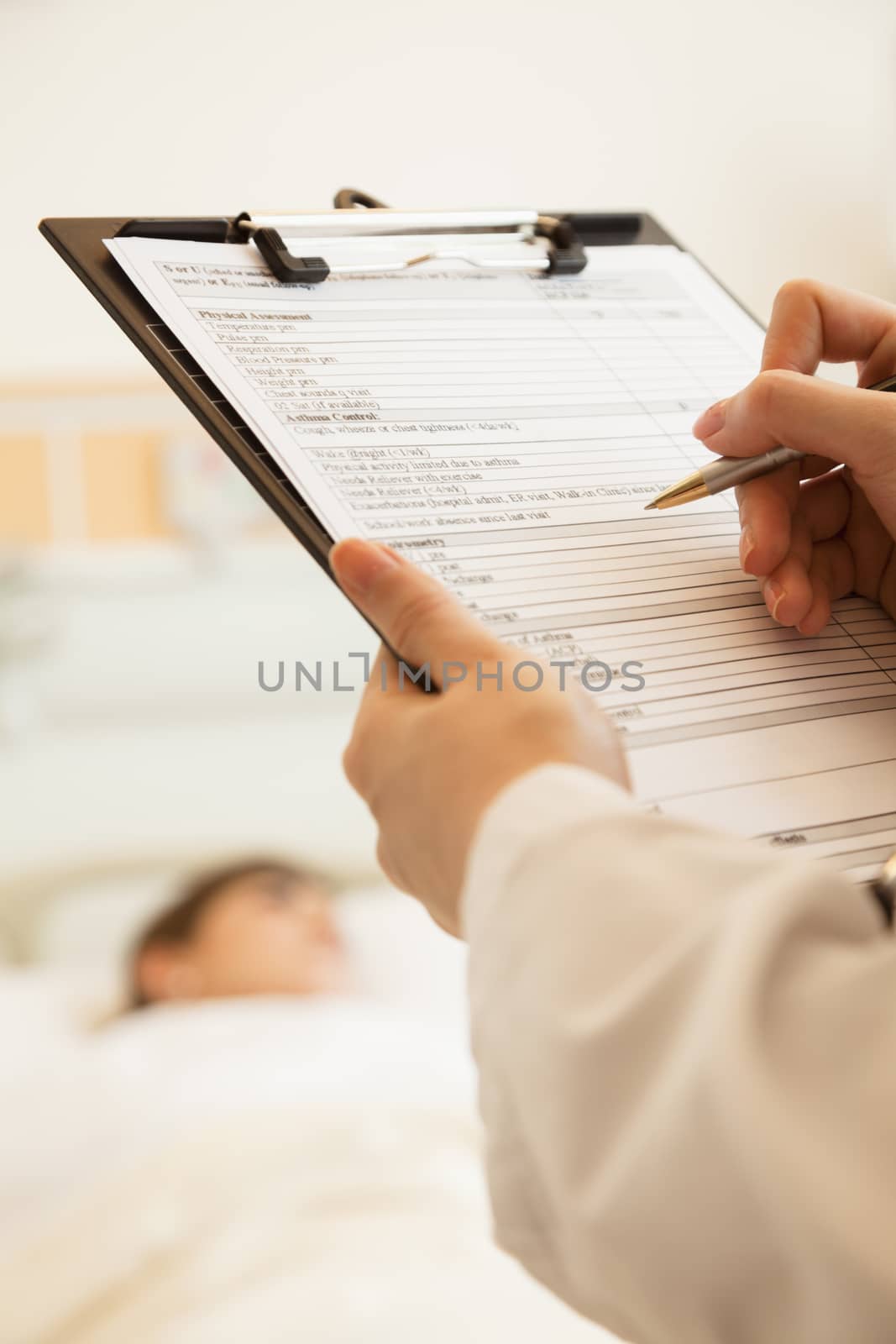 Close up of doctor writing on a medical chart with patient lying in a hospital bed in the background by XiXinXing