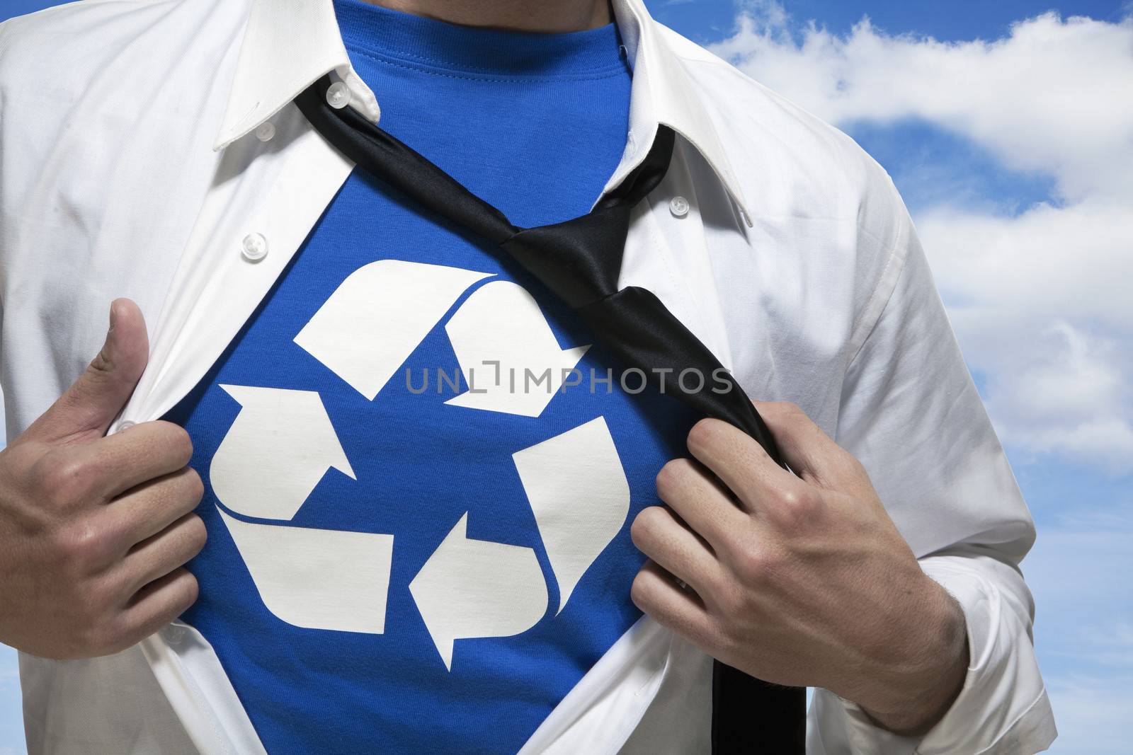 Businessman with open short revealing shirt with recycling symbol underneath by XiXinXing