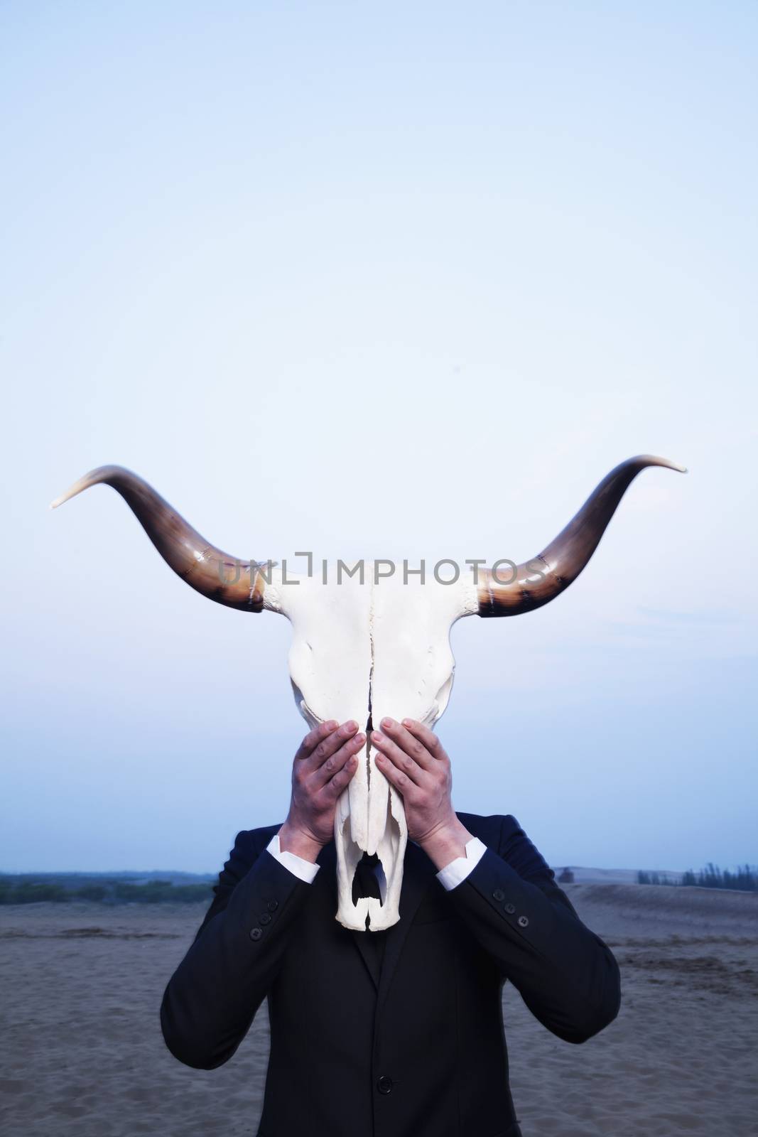 Businessman holding an animal skull in front of his face in the desert