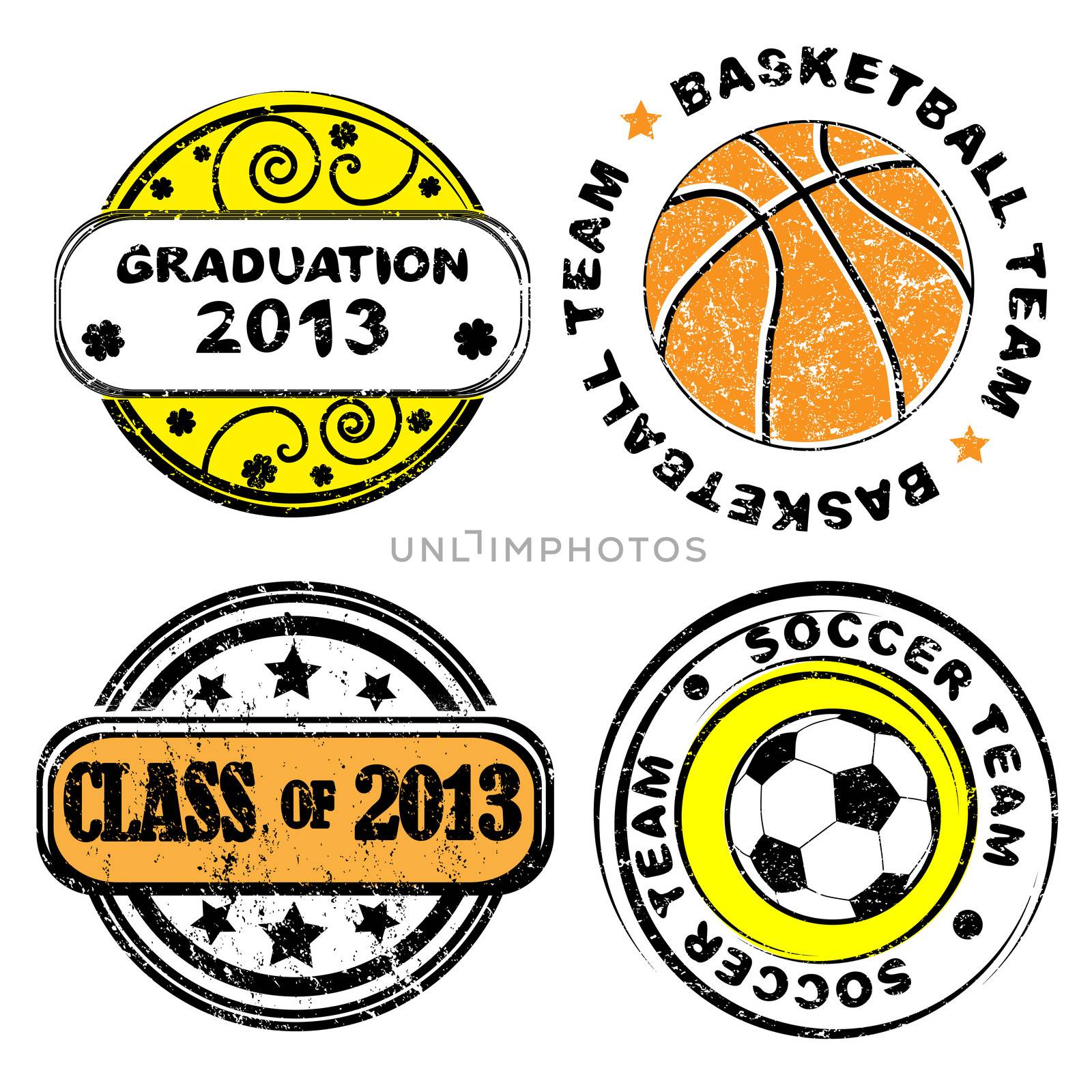 School team and graduation grungy stamps collection isolated on white