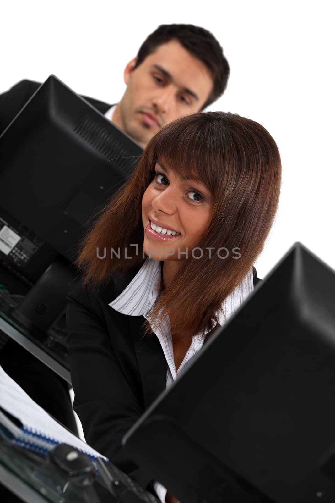Woman peeking out from computer by phovoir