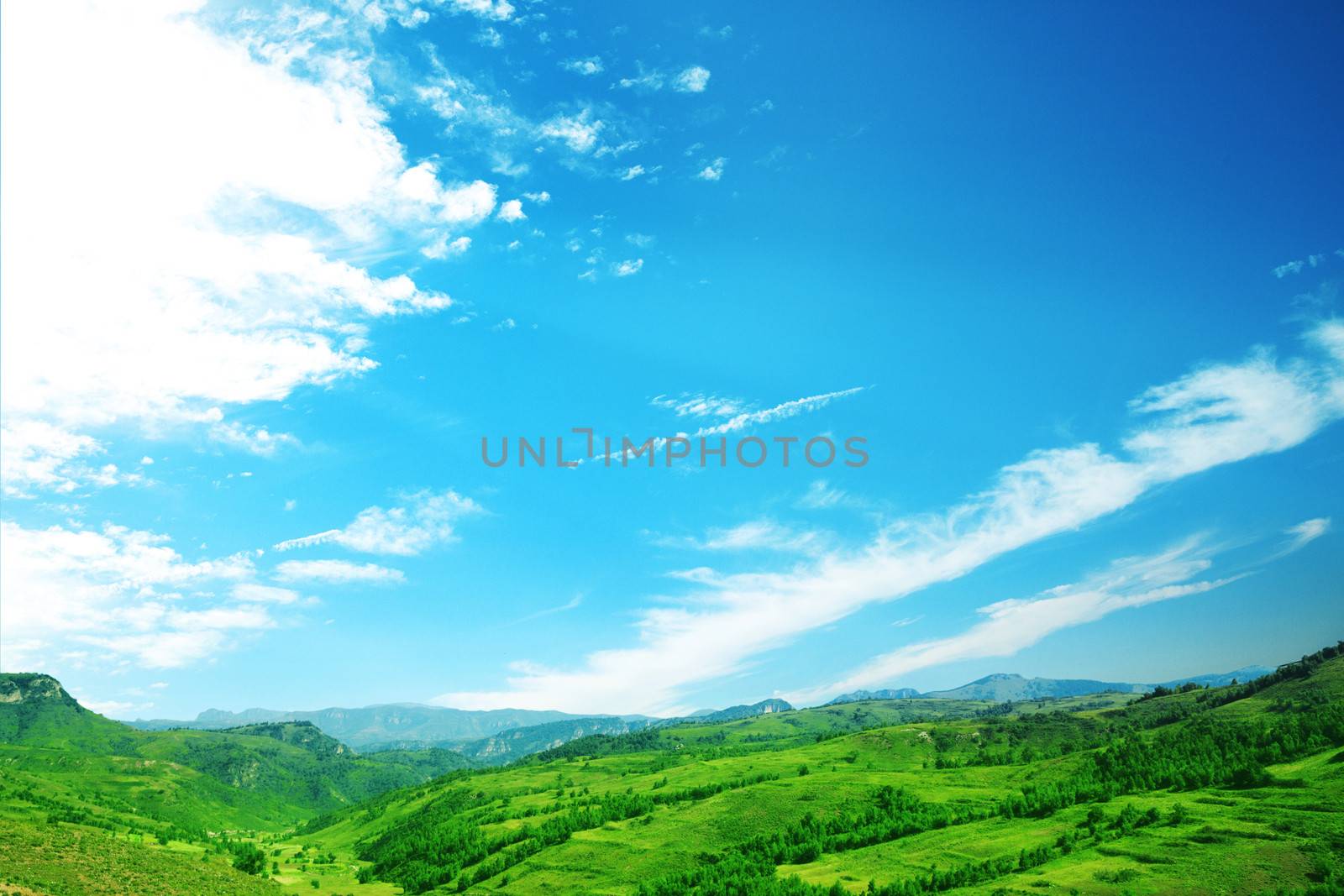 Lush, green landscape with blue sky and clouds.