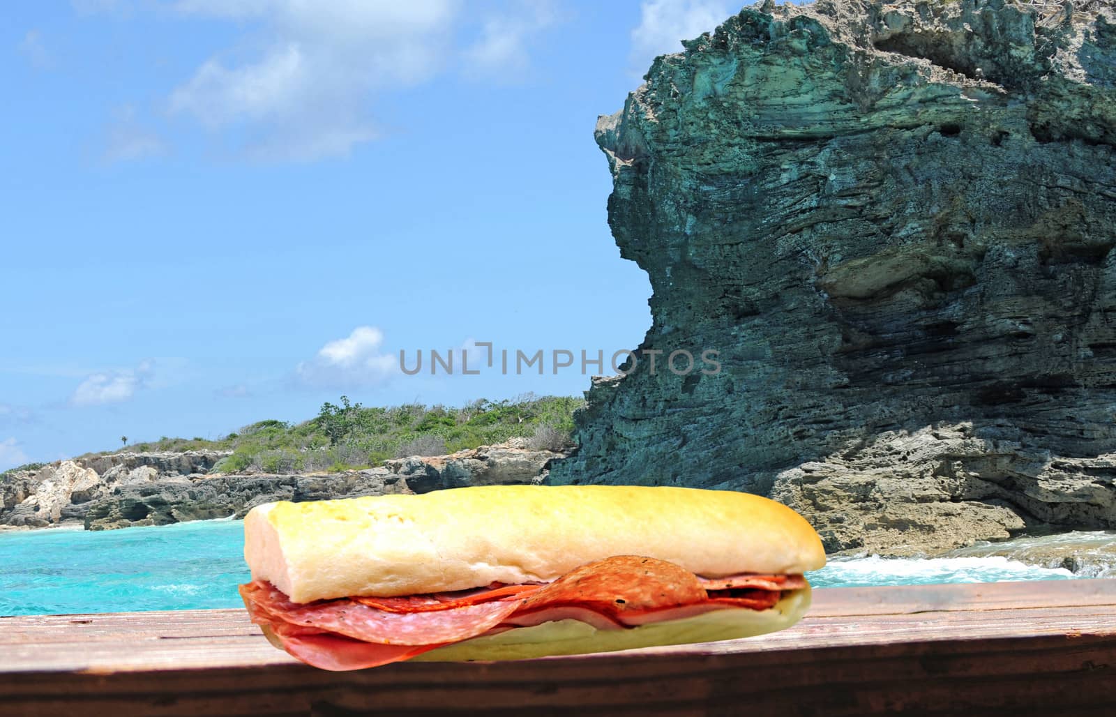a sandwich resting on a deck overlooking the clear blue ocean in the Bahamas