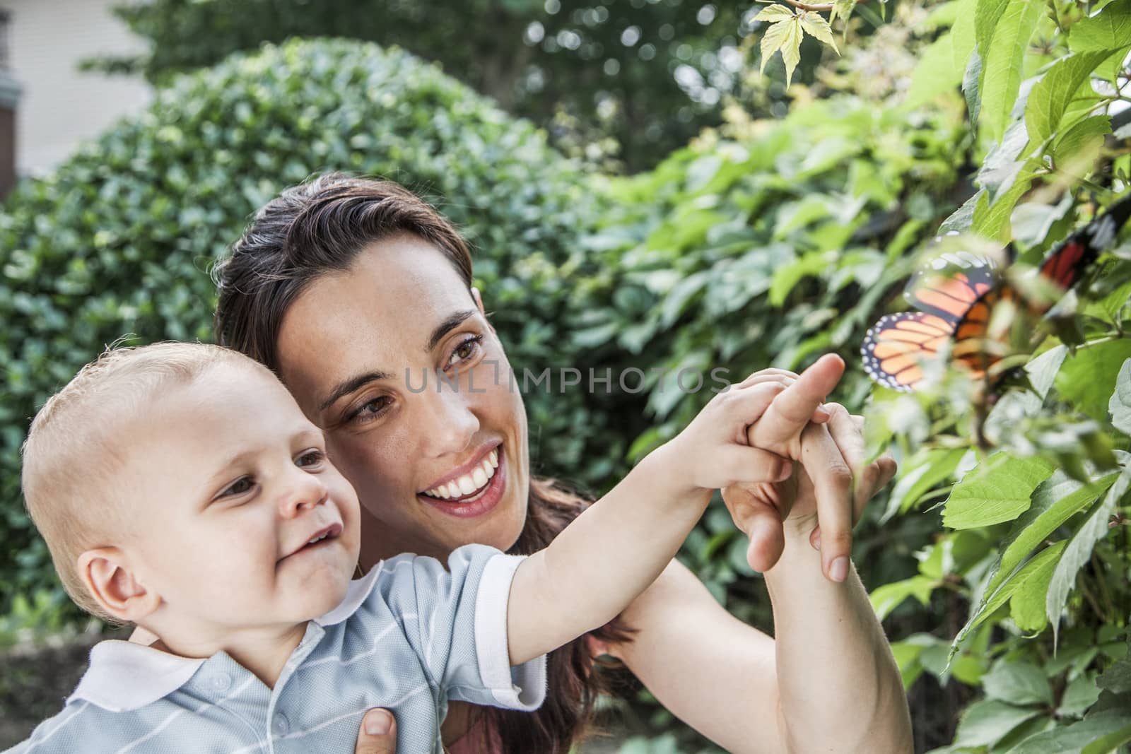 Smiling mother and son pointing and looking at a butterfly in the garden by XiXinXing