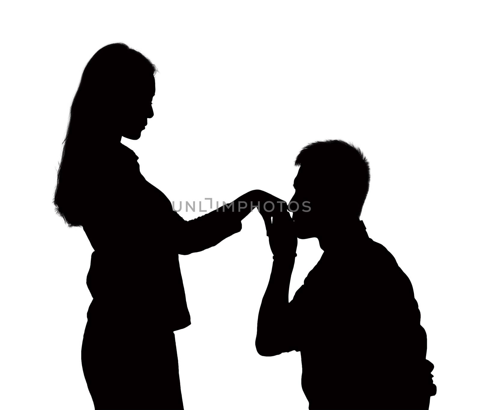 Silhouette of man on one knee, kissing woman's hand. by XiXinXing
