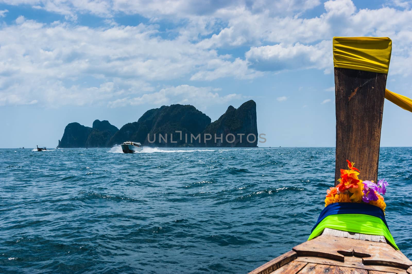Boats at sea against the rocks in Thailand by oleg_zhukov