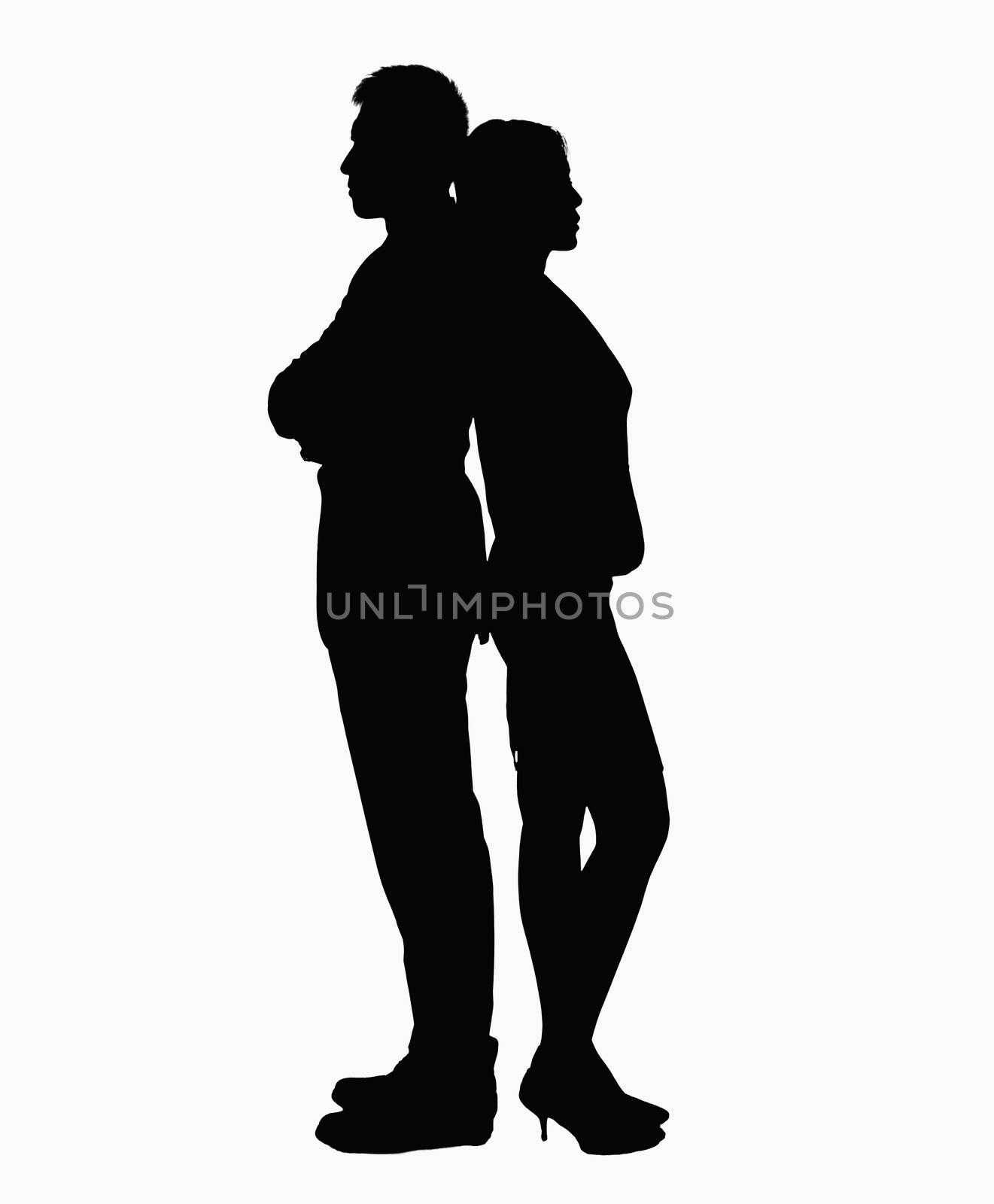 Silhouette of businessman and businesswoman standing back to back.