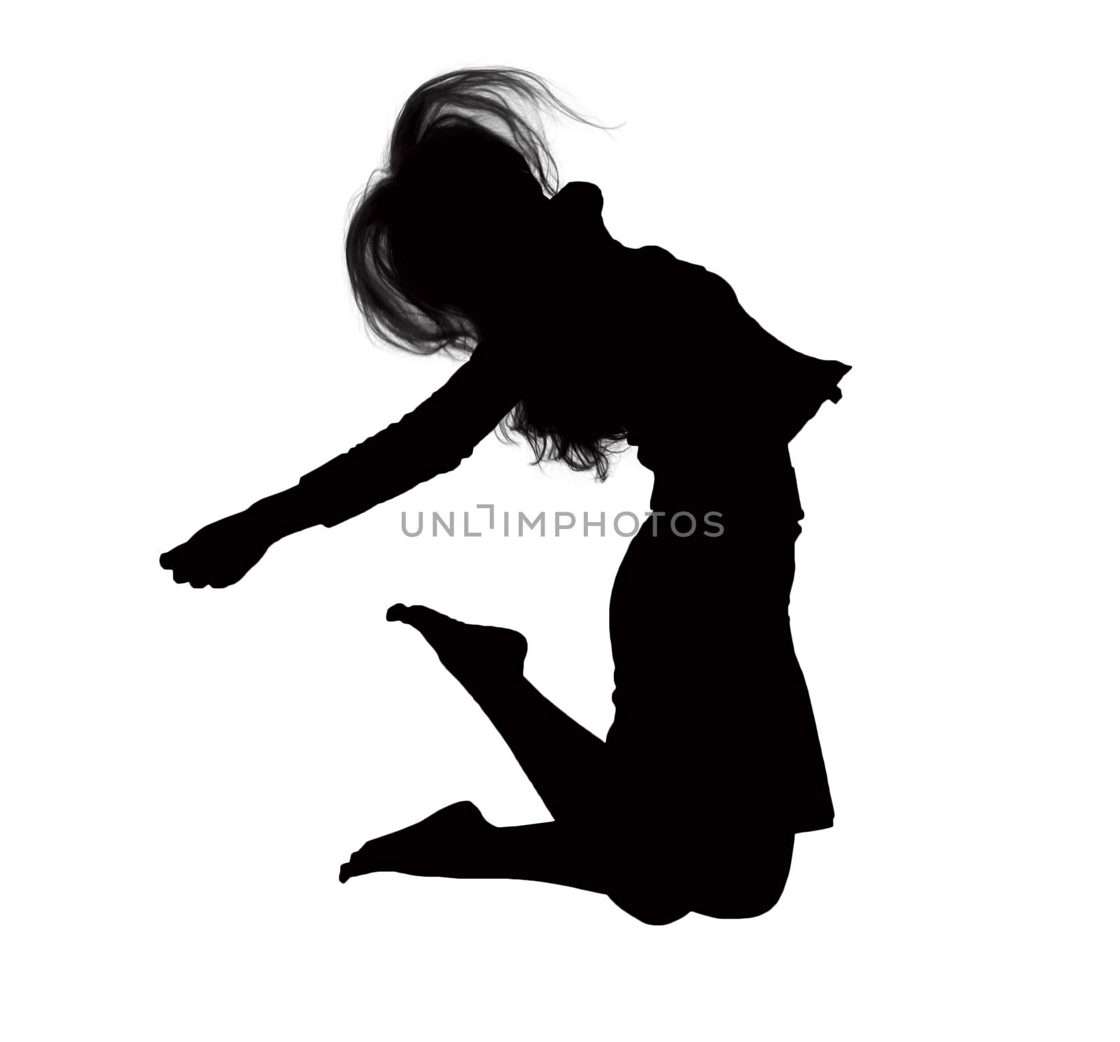 Silhouette of businesswoman jumping, mid-air.