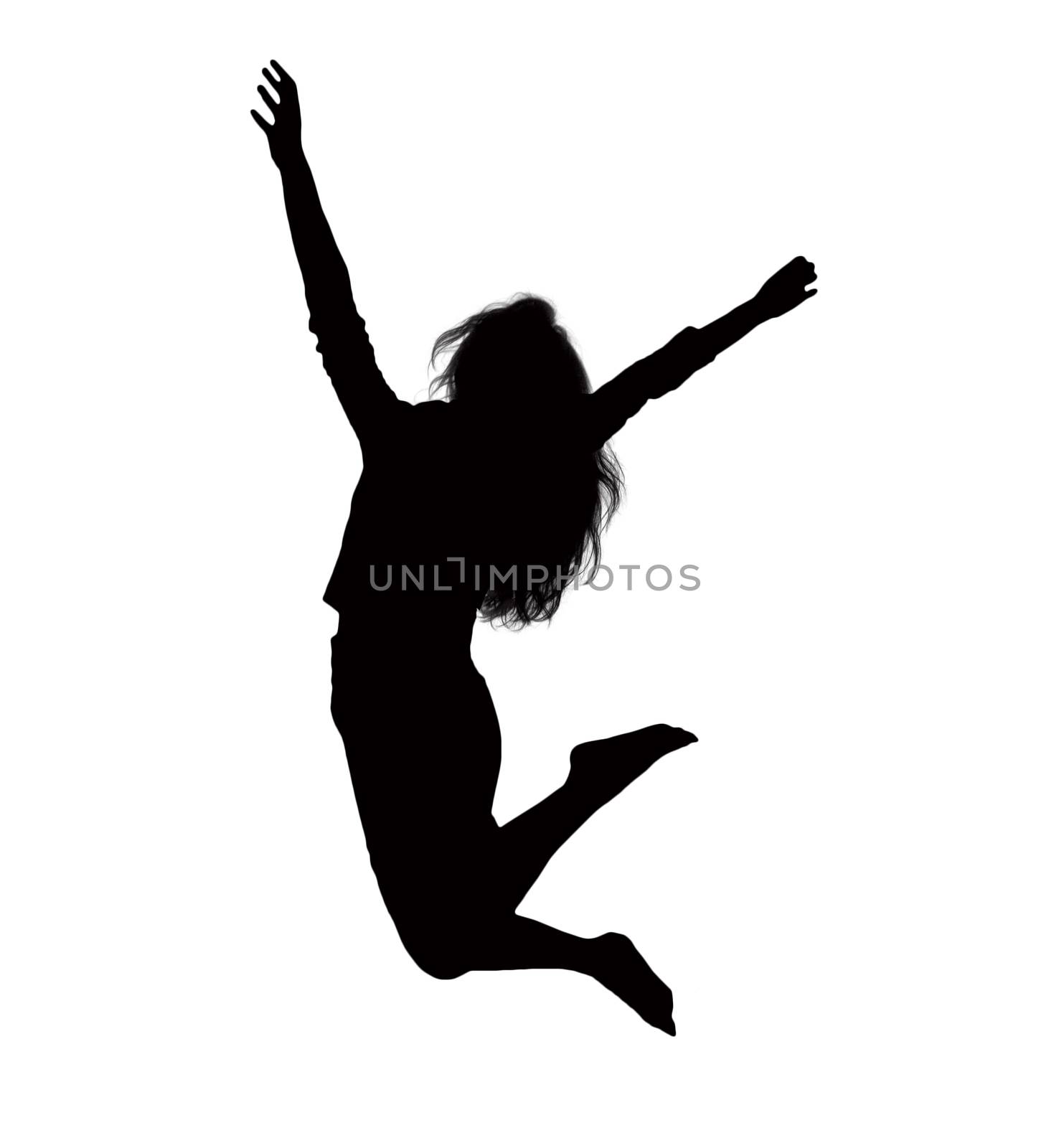 Silhouette of businesswoman jumping, mid-air. by XiXinXing