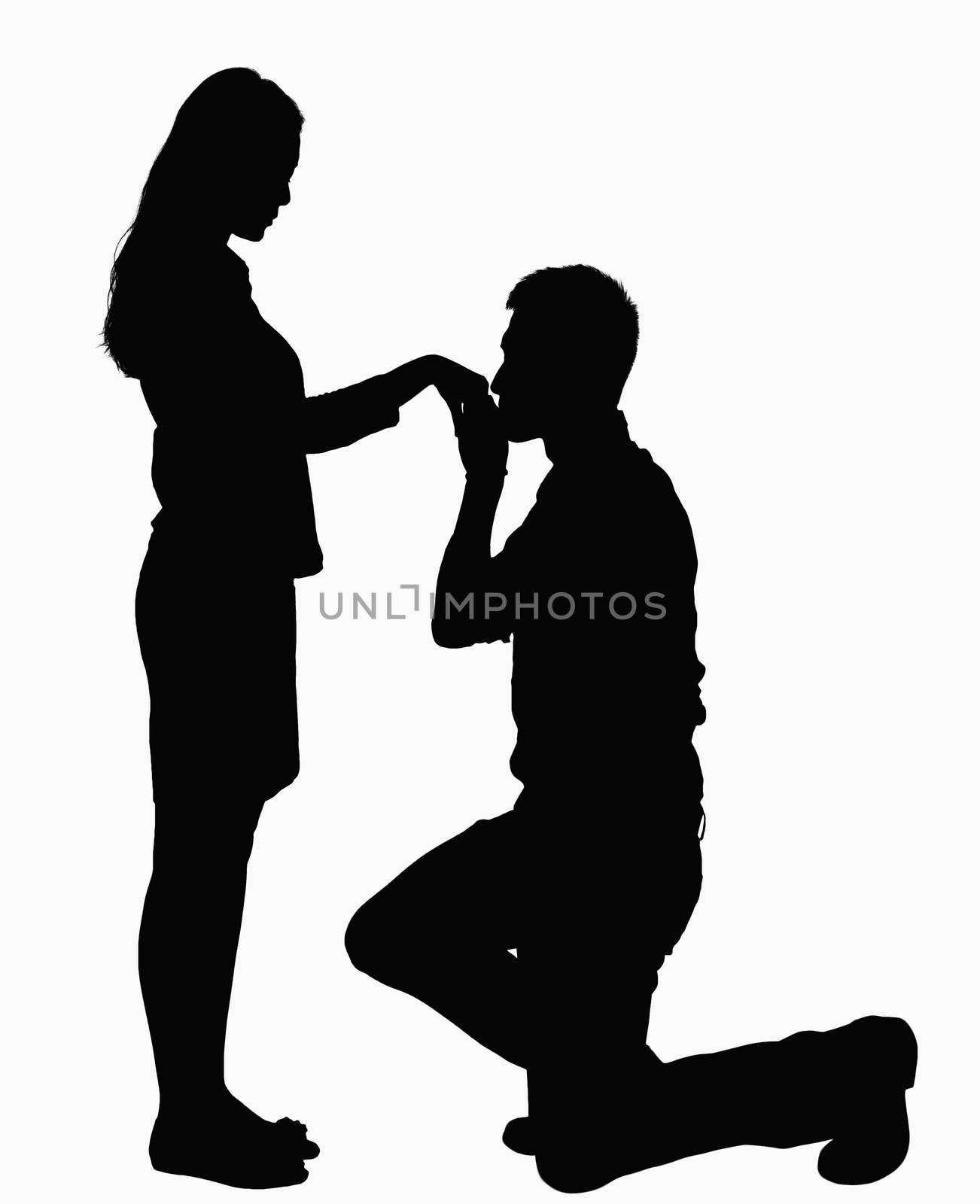 Silhouette of man on one knee, kissing woman's hand. by XiXinXing