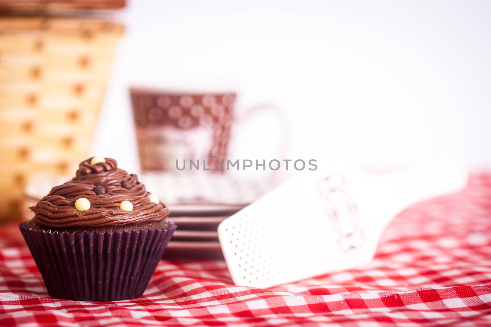 A picnic with a delicious cupcake and a beautiful picnic basket!