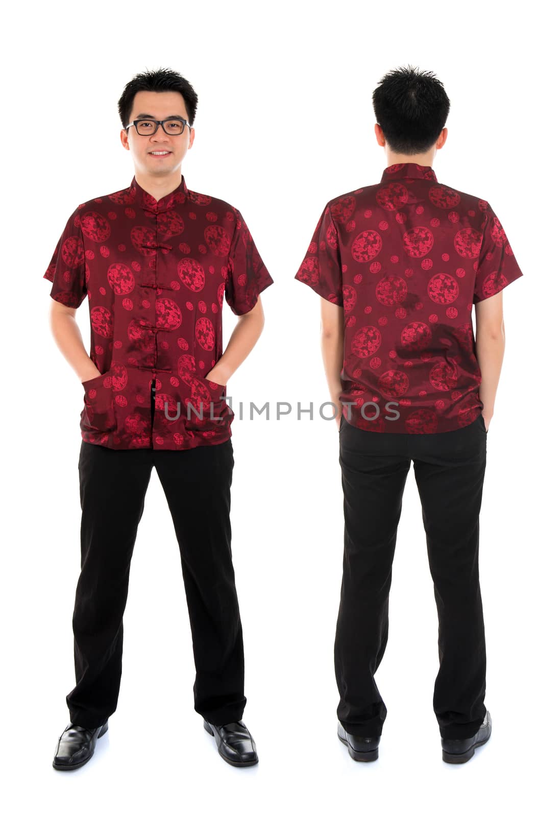 Full body front and back view Asian man with Chinese traditional cheongsam or tang suit. Chinese New Year concept. Male model isolated on white background.