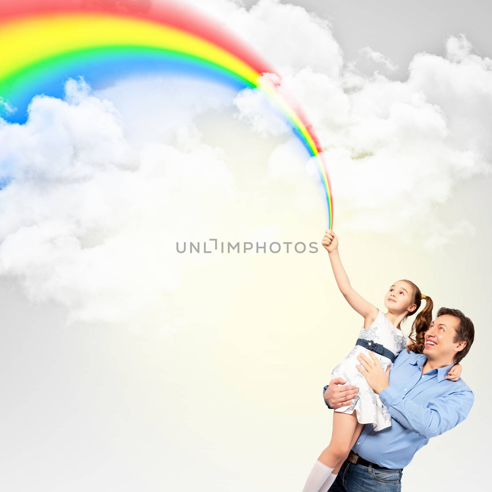 Image of happy father holding on hands daughter ad rainbow