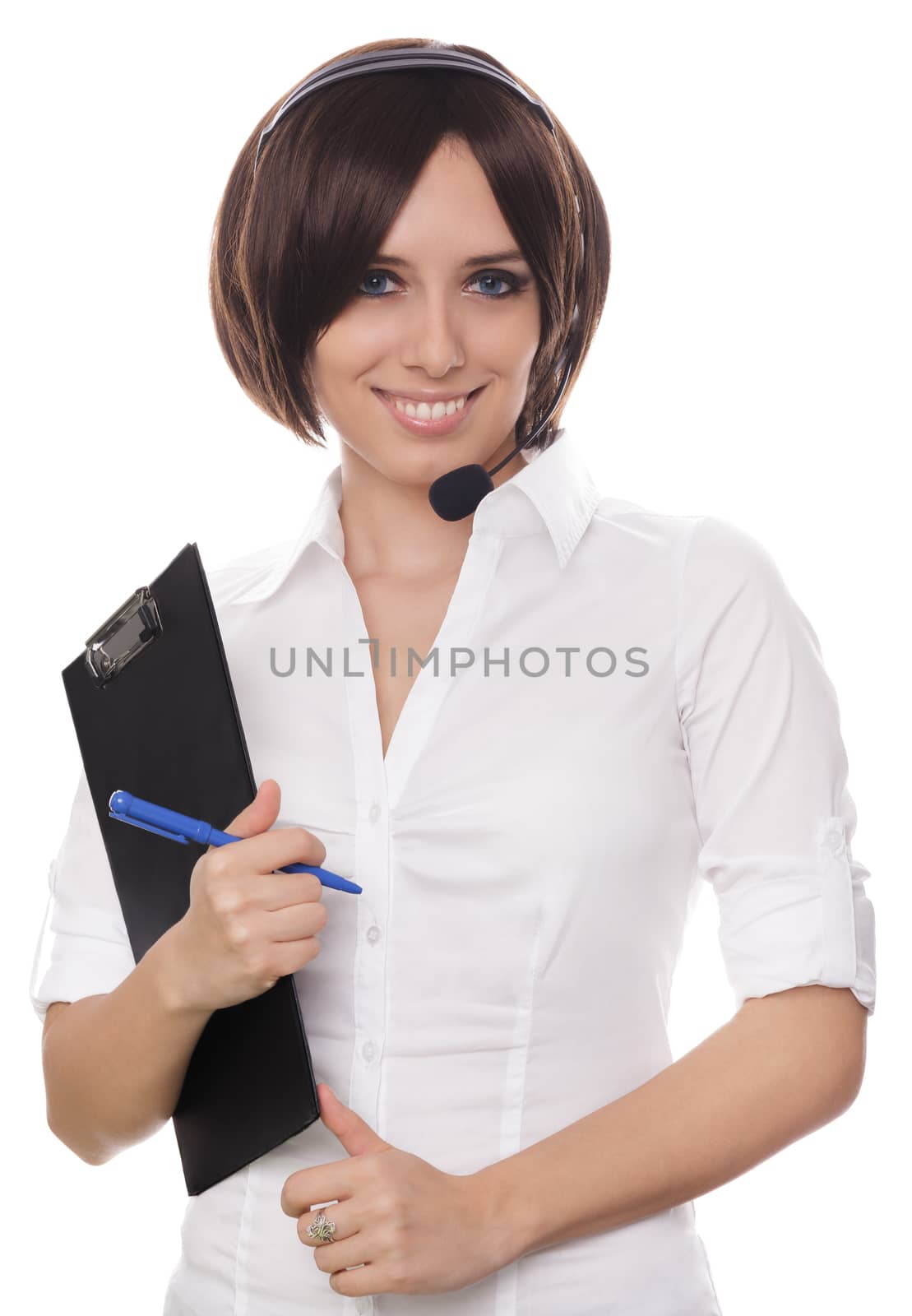 Young woman, customer service operator on white background.