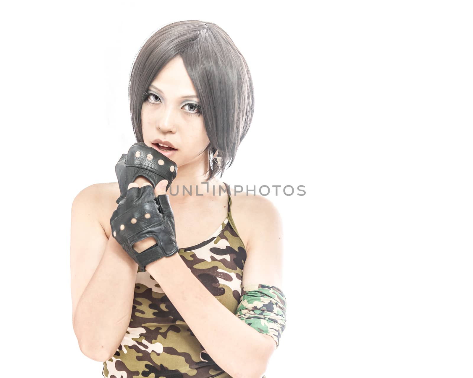 Asian female in army clothing on isolated white background