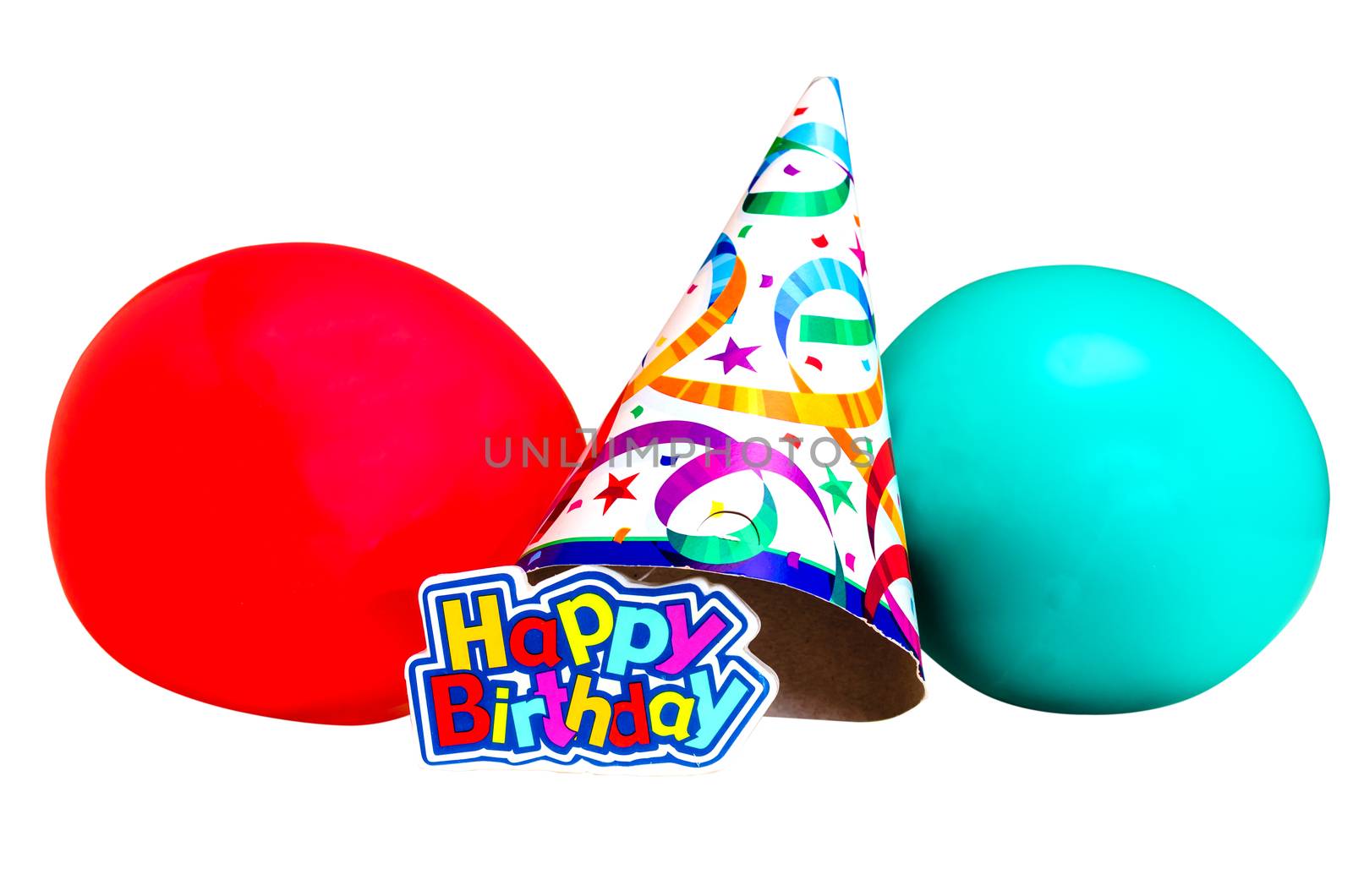 Birthday party isolated on white background with clipping path.  Happy birthday candle, balloons, and hat.