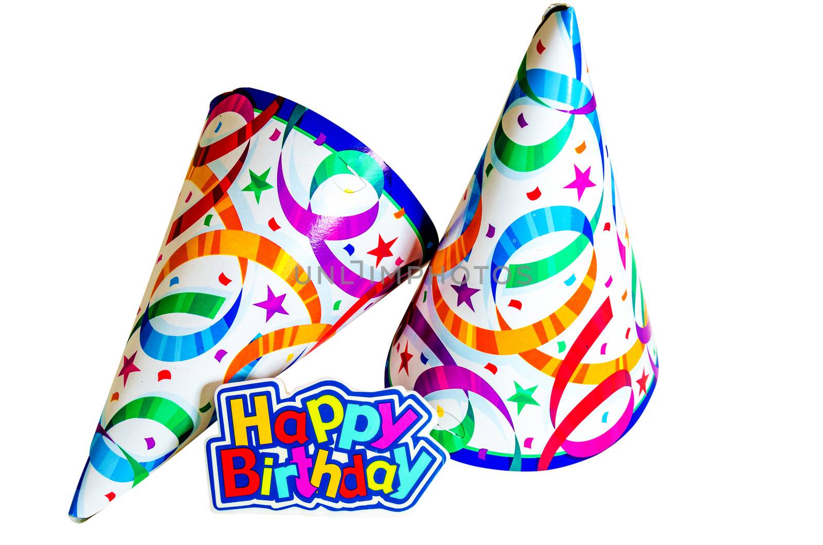 Happy birthday with hats isolated on white background with clipping path.