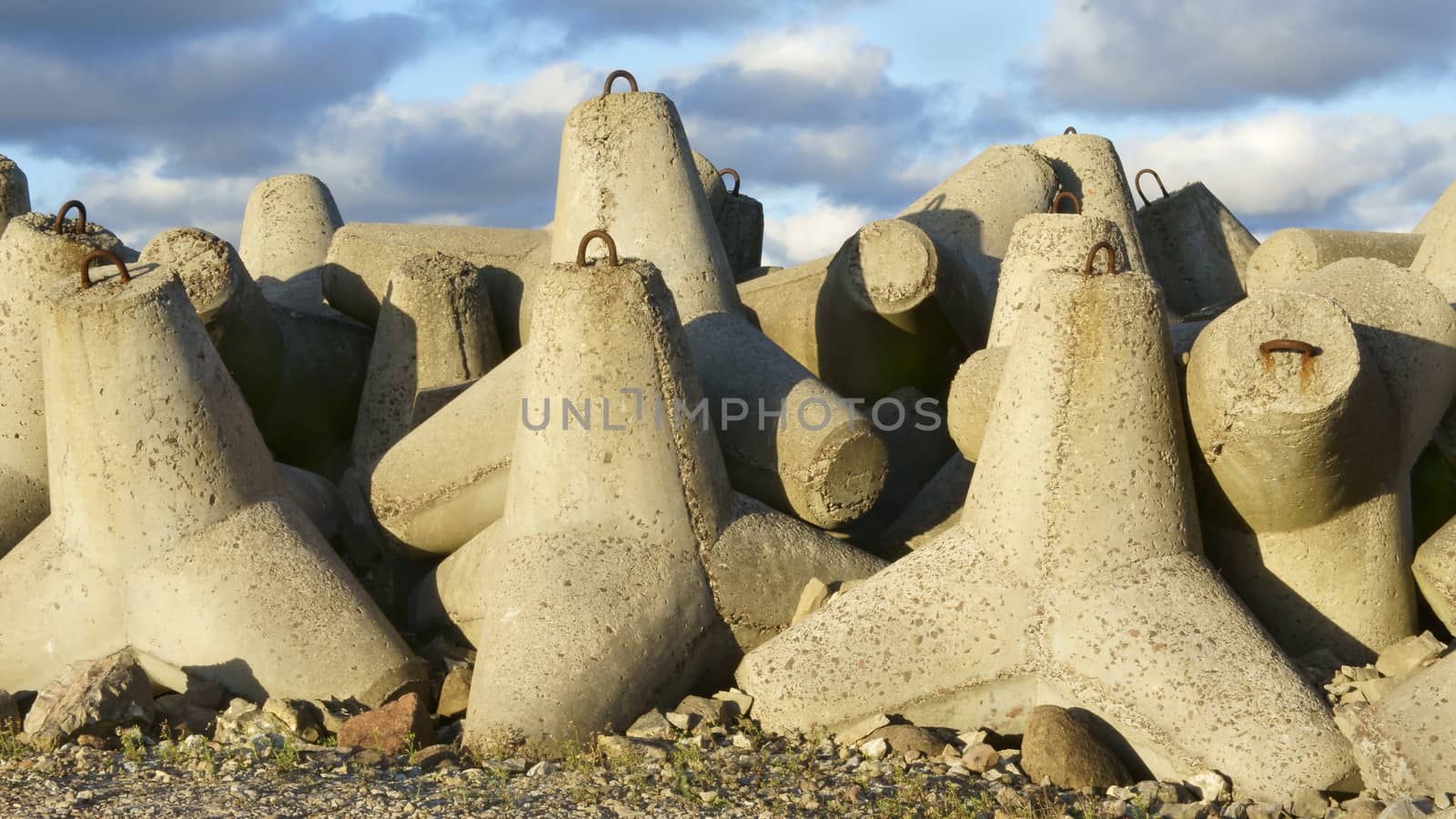 Breakwater protecting the coastline in the port of Ventspils on                       