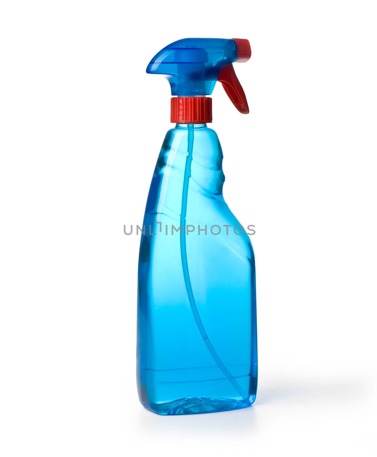 Blue window cleaning solution in a plastic container isolated on white with clipping path