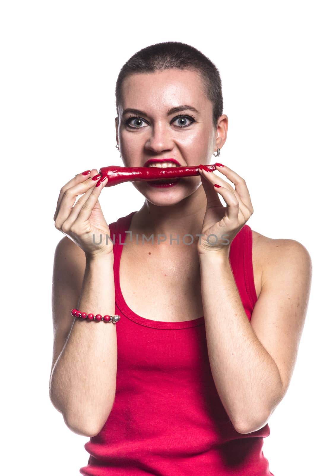 Woman with chili pepper on white background