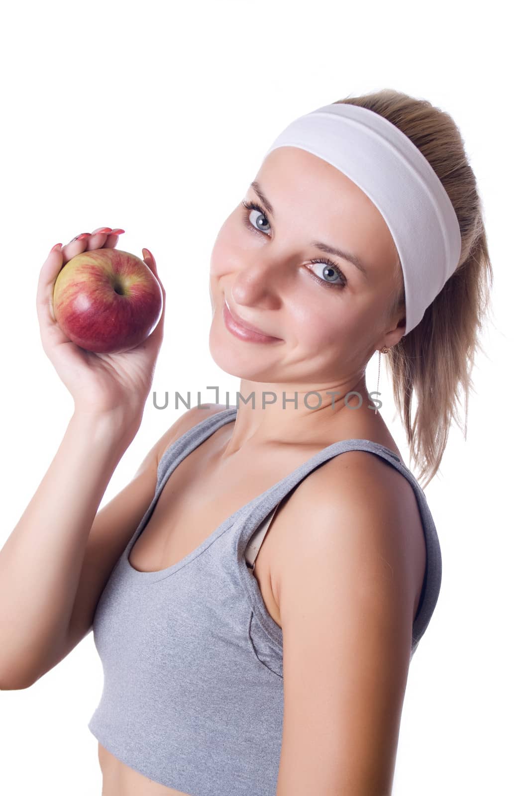 Apple woman holding apple. Beautiful smiling young woman. 