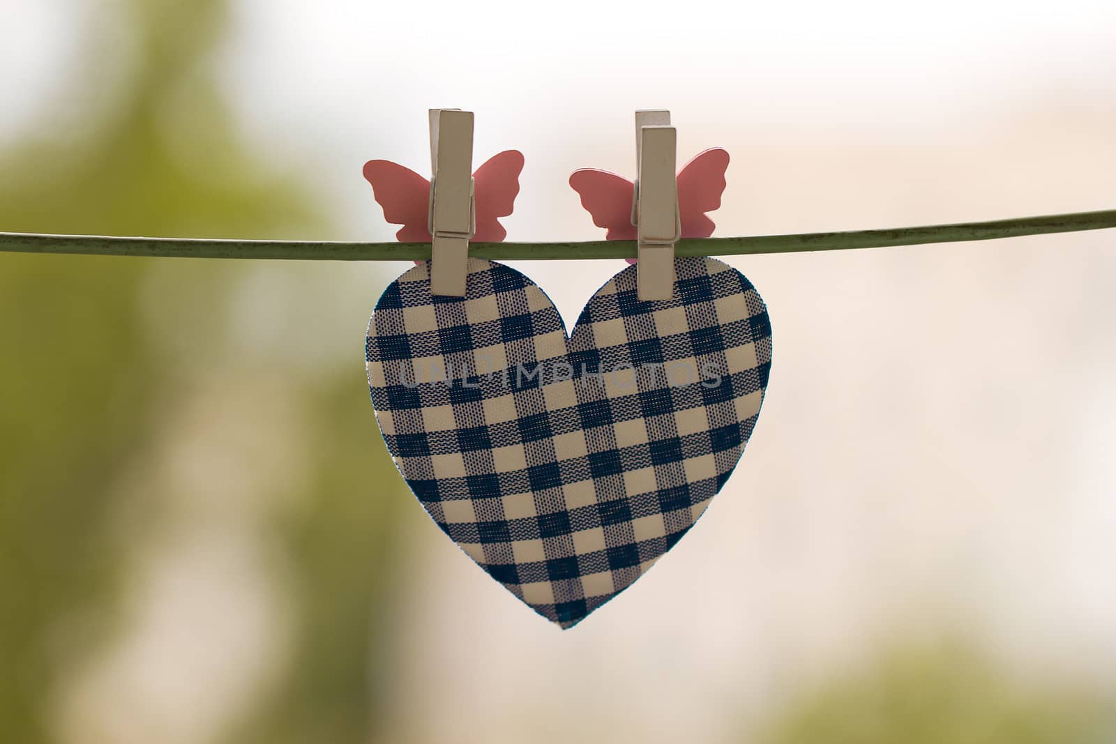 blue heart attached to a clothesline with pin