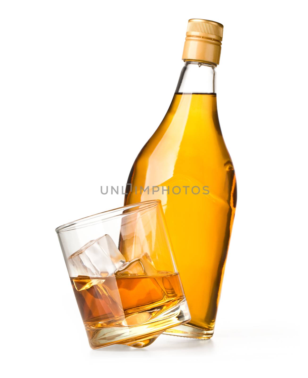 glass and bottle of whiskey on a white background