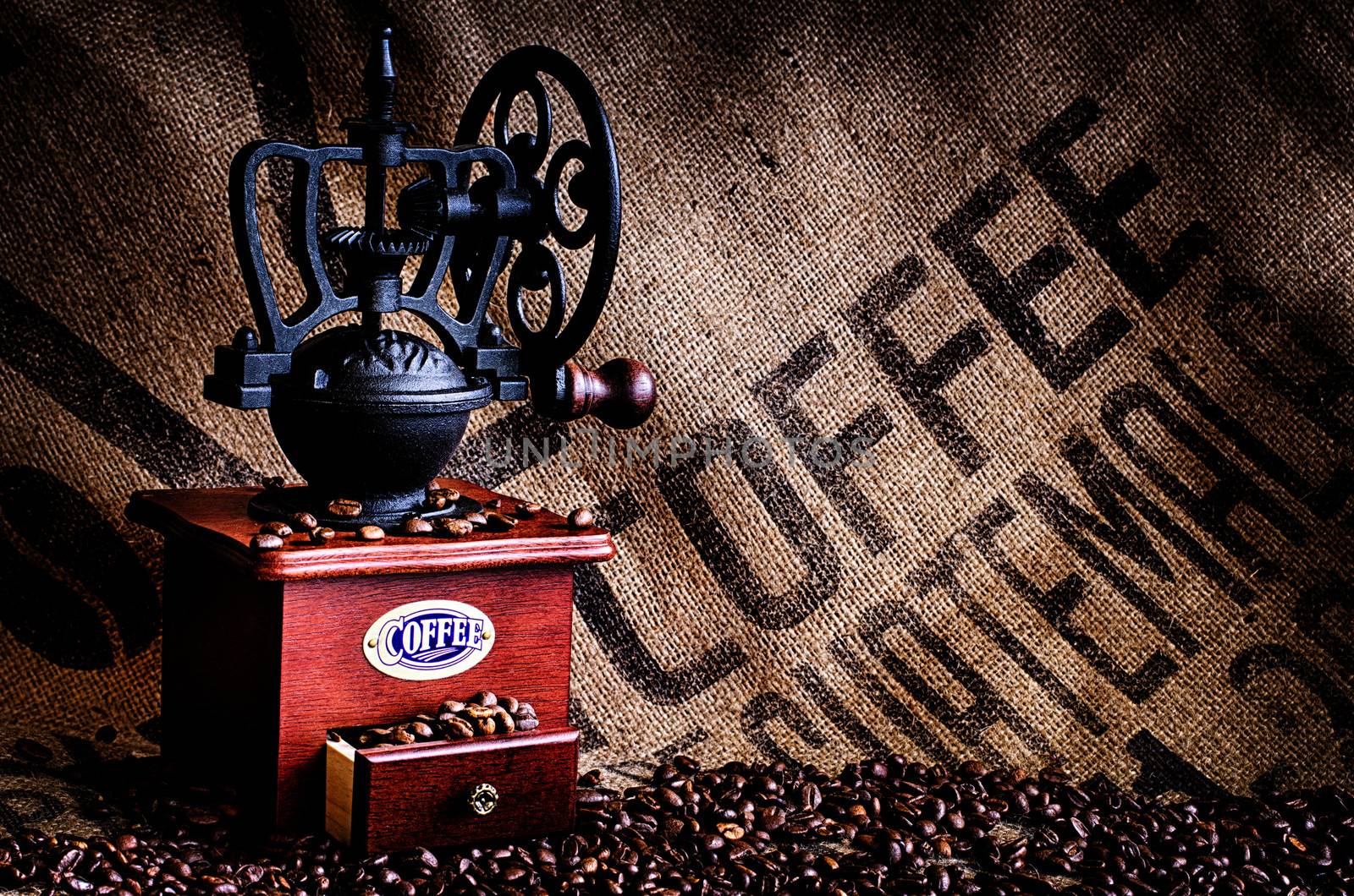 Coffee Beans and Grinder with Bag Closeup by dehooks