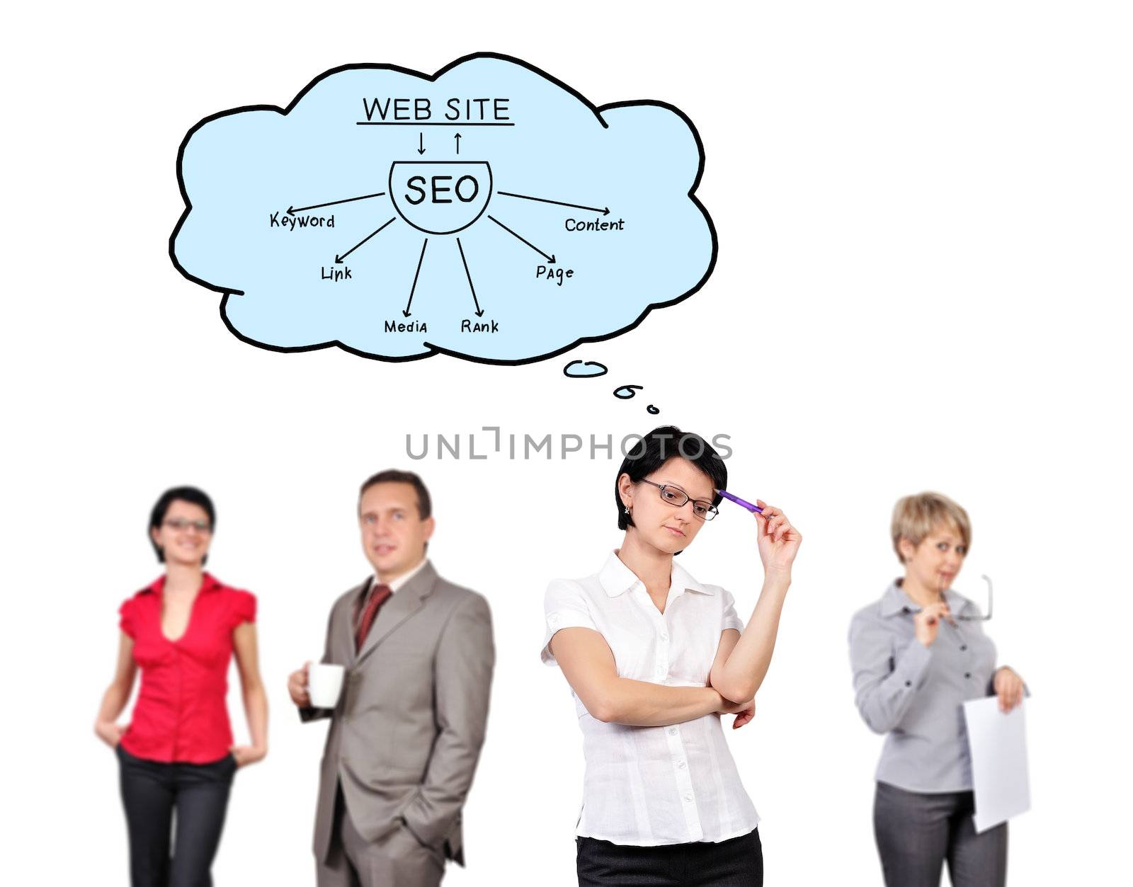 businesswoman dreaming on seo on white background