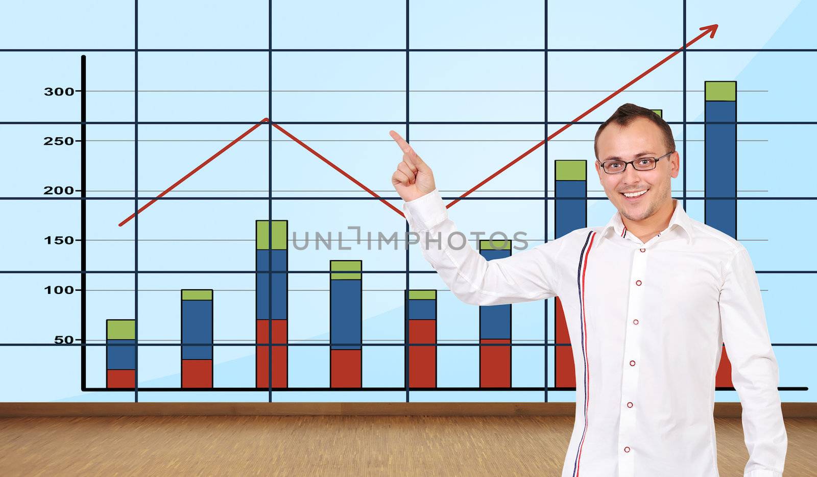 happy man pointing at graph on plasma wall