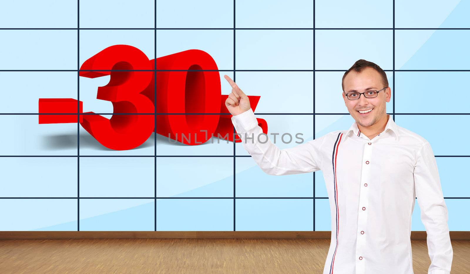 happy man pointing at discount on plasma wall