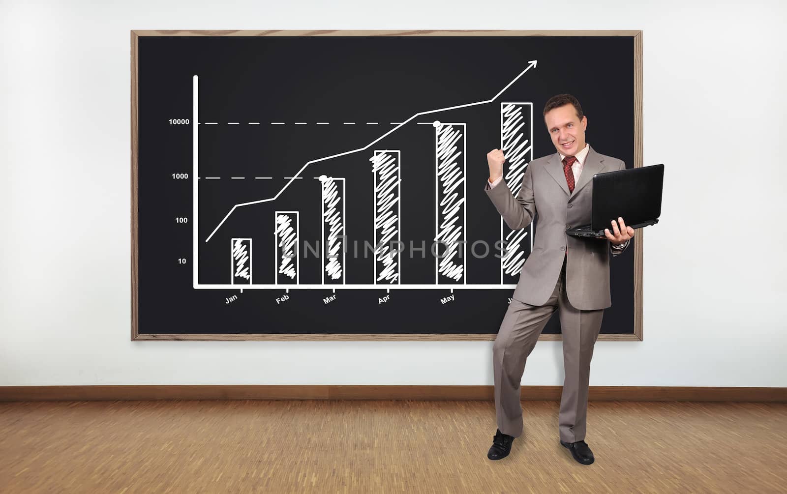 happiness businessman and blackboard with chart on wall