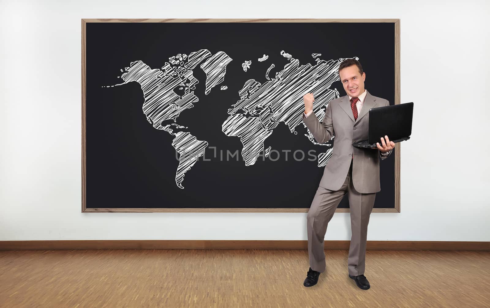 happy  businessman and blackboard with world map