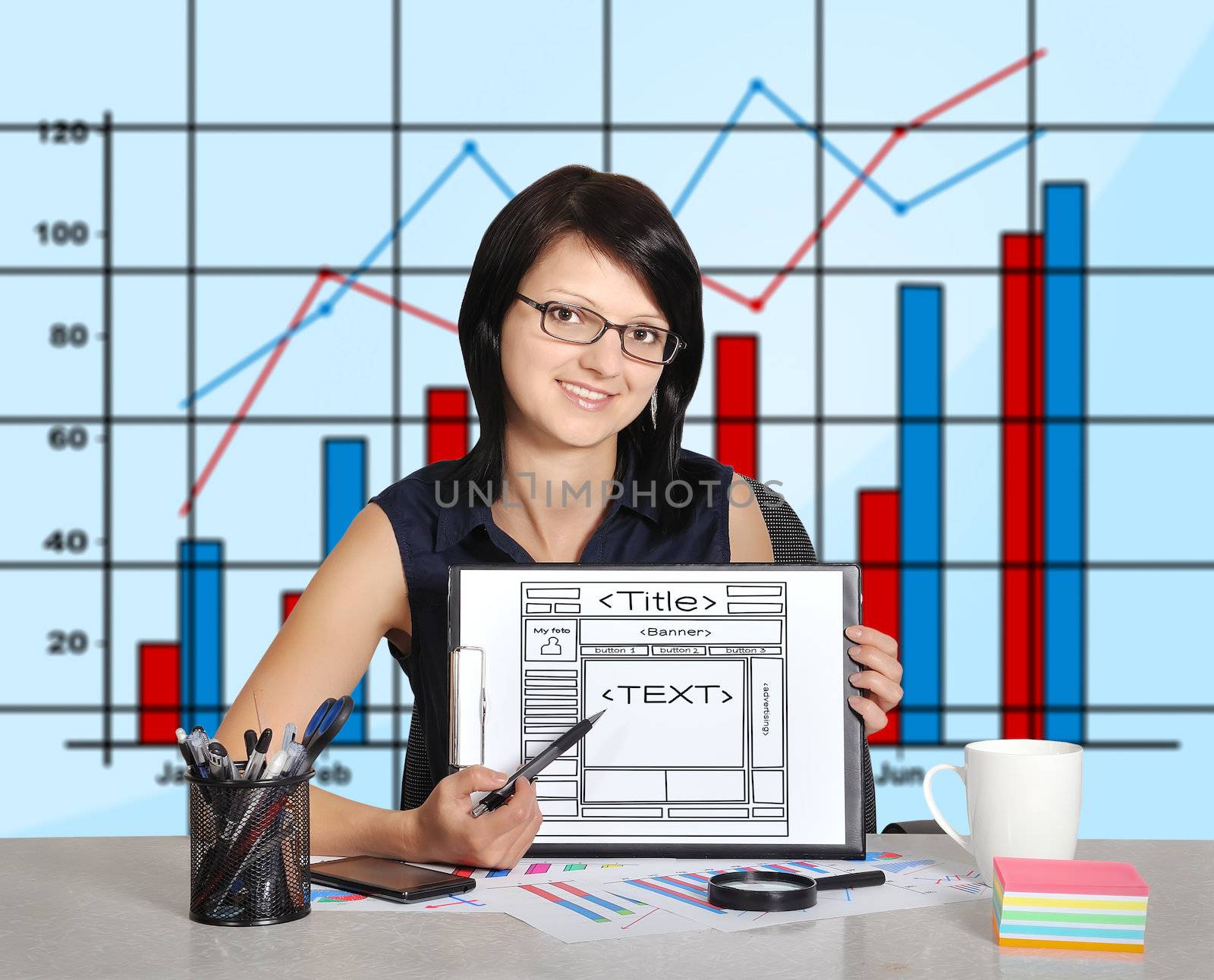 woman sitting in office and web page on clipboard