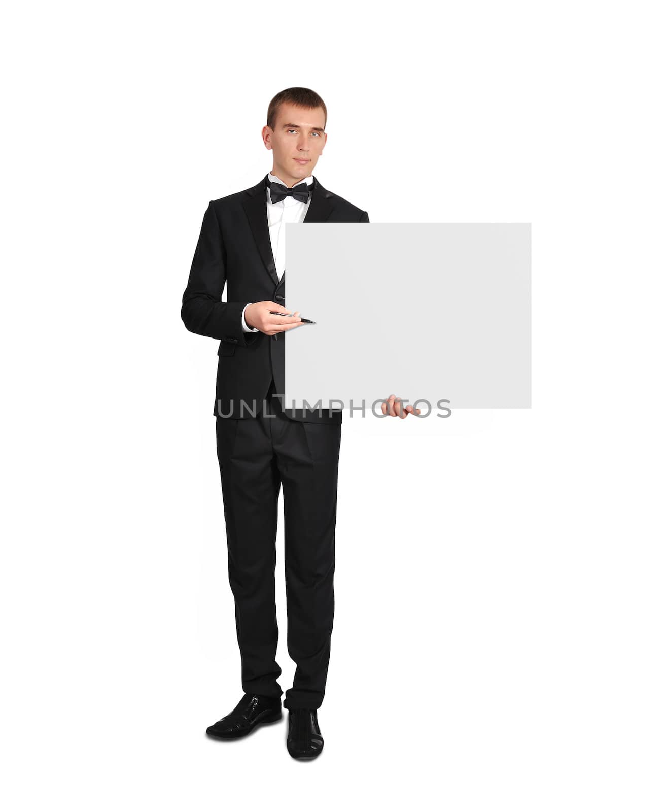 businessman in tuxedo holding blank poster