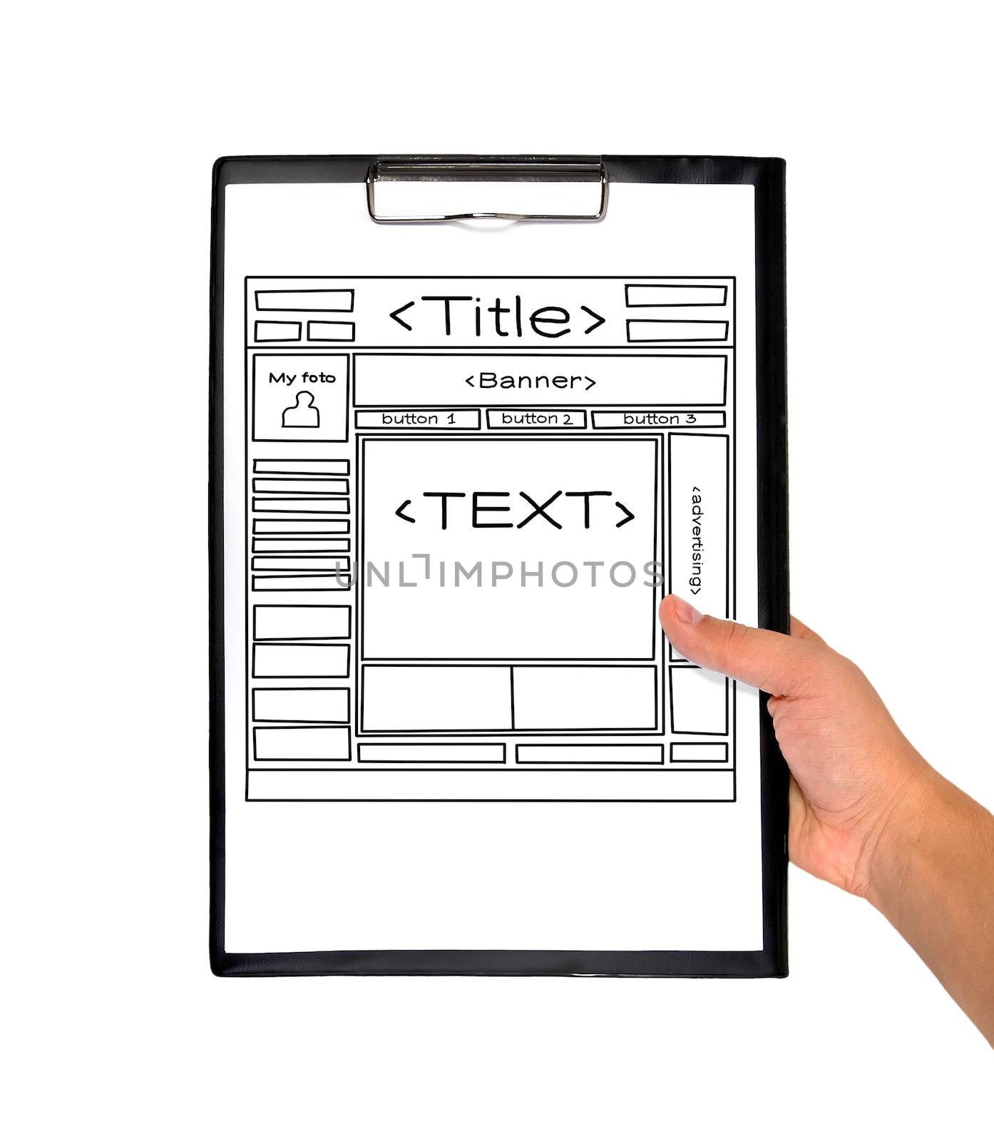 hand holding clipboard with template web  on a white background