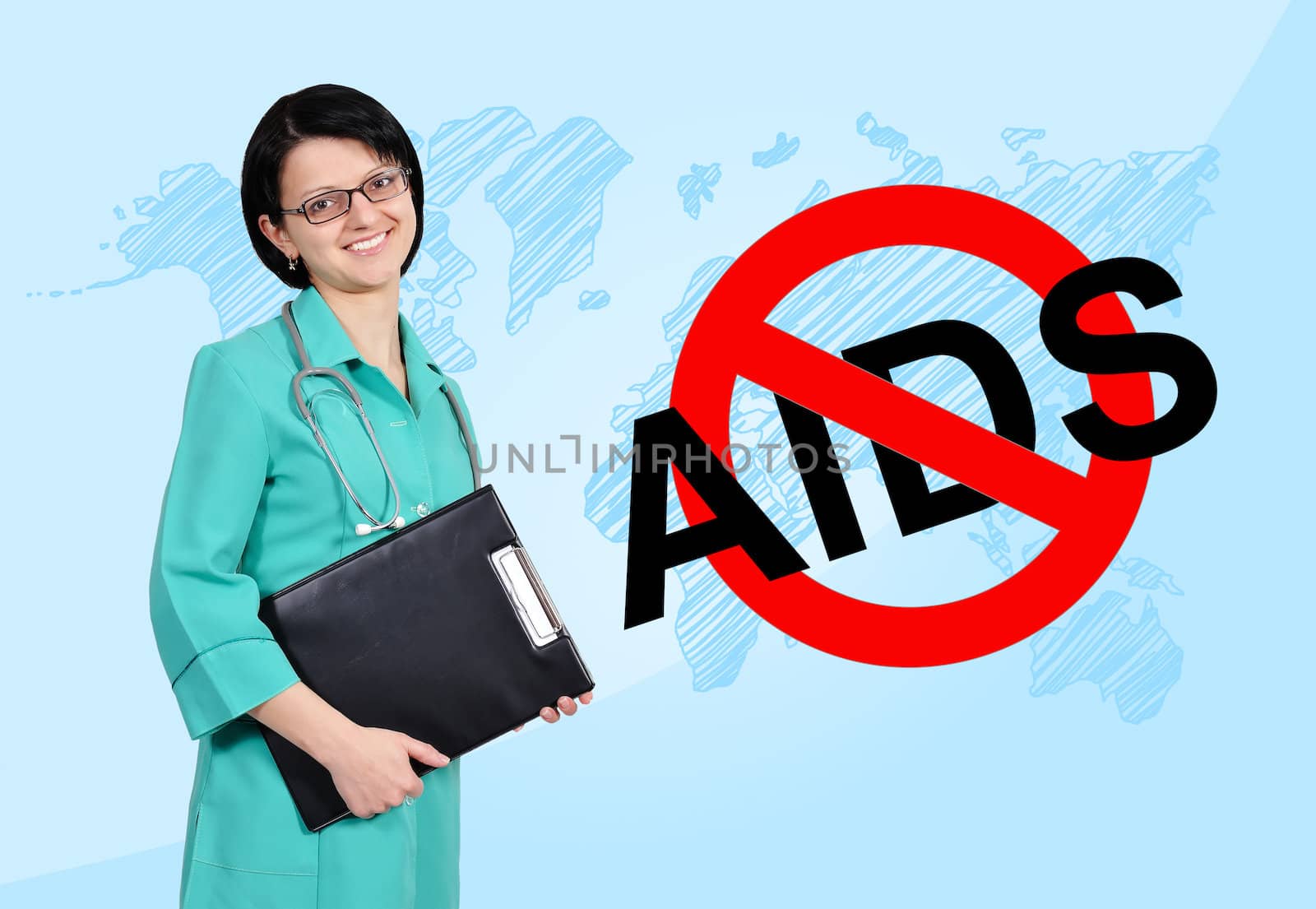 young female doctor with clipboard, no aids concept