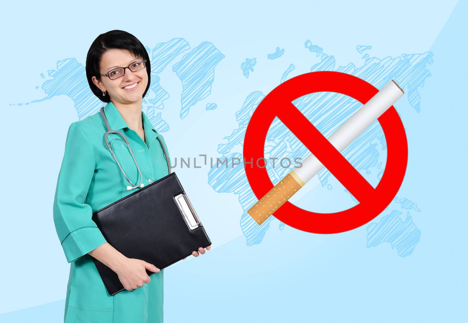young female doctor with clipboard, stop smoking concept